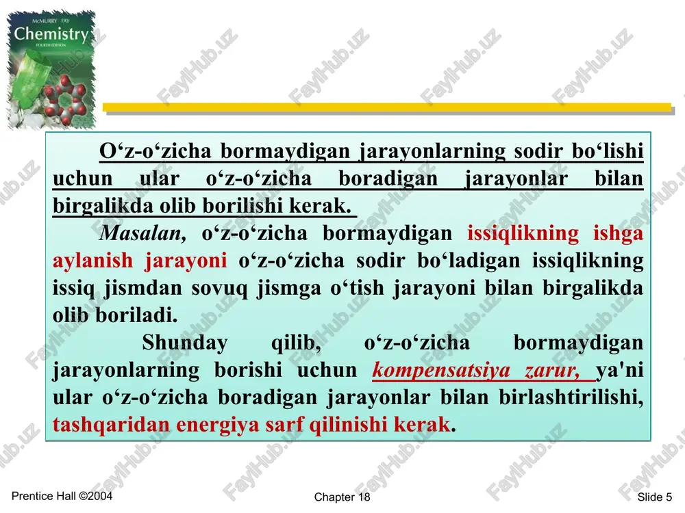 ide * chapter 18 prentice hall ©2004 agar toshlar juda kichik (cheksiz kichik) bo’lsa (ii.1,v-rasm), pog‗onalar ham kichrayib, muvozanat chizig‗iga yaqinlashadi, bajarilgan ishlar farqi ham kamayib boradi. shunday qilib, jarayonni qaytar jarayonga yaqinlashtirish mumkin (juda sekin tezlikda boradi). jarayon qancha ko‗p bosqichda olib borilsa, u qaytar jarayonga shuncha yaqinlashadi. agar jarayon bir yo’dan borib, shu yo’ldan qaytsa (ii.1,b-rasm) u qaytar bo’adi. muvozanat holatdan, cheksiz kichik farq qilgan holatga - kvazistatik holat deyiladi. kvazistatik holatda cheksiz kichik o‗zgarish shu jarayonni to‗g‗ri va teskari tomonga borishiga olib kelishi mumkin. jarayon termodinamik qaytar bo'ladi. slide * prentice hall ©2004 lekin bunda hech qanday foydali ish bajarilmaydi. foydali ish bajarilishi uchun siqilishda bajarilgan ish gazning kengayib bajargan ishidan kam bo‘lishi kerak. buning uchun siqilish jarayonini kengayishdagiga nisbatan pastroq haroratda olib borish lozim. demak, ishchi jism sovitilishi kerak, ya'ni issiqlik manbaining issiqligini ishga aylantirish uchun sovitkich ham bo‘lishi shart. bu jarayon rasmda sxema ravishda tasvirlangan. …