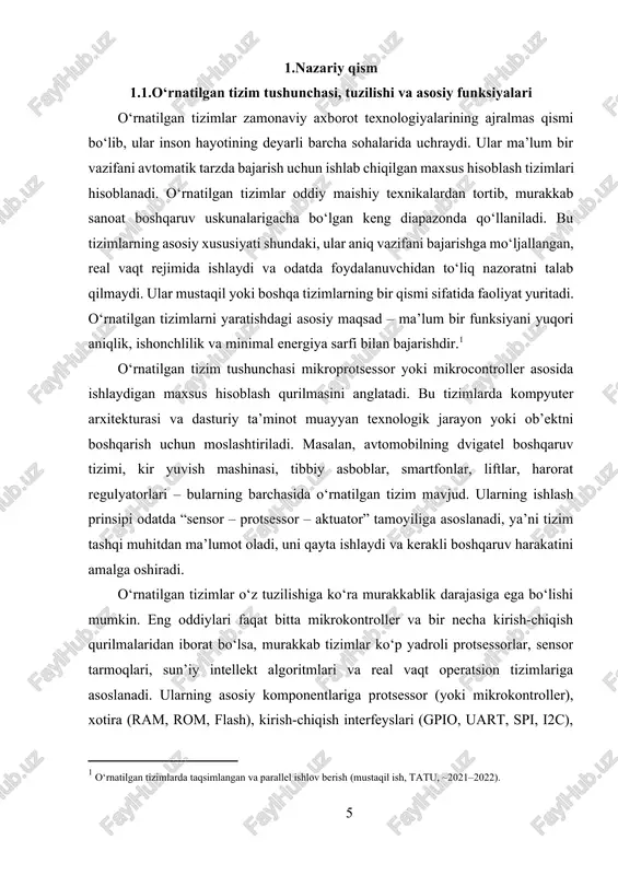 xsus hisoblash qurilmasini anglatadi. bu tizimlarda kompyuter arxitekturasi va dasturiy ta’minot muayyan texnologik jarayon yoki ob’ektni boshqarish uchun moslashtiriladi. masalan, avtomobilning dvigatel boshqaruv tizimi, kir yuvish mashinasi, tibbiy asboblar, smartfonlar, liftlar, harorat regulyatorlari – bularning barchasida o‘rnatilgan tizim mavjud. ularning ishlash prinsipi odatda “sensor – protsessor – aktuator” tamoyiliga asoslanadi, ya’ni tizim tashqi muhitdan ma’lumot oladi, uni qayta ishlaydi va kerakli boshqaruv harakatini amalga oshiradi. o‘rnatilgan tizimlar o‘z tuzilishiga ko‘ra murakkablik darajasiga ega bo‘lishi mumkin. eng oddiylari faqat bitta mikrokontroller va bir necha kirish-chiqish qurilmalaridan iborat bo‘lsa, murakkab tizimlar ko‘p yadroli protsessorlar, sensor tarmoqlari, sun’iy intellekt algoritmlari va real vaqt operatsion tizimlariga asoslanadi. ularning asosiy komponentlariga protsessor (yoki mikrokontroller), xotira (ram, rom, flash), kirish-chiqish interfeyslari (gpio, uart, spi, i2c), dasturiy ta’minot va energiya ta’minoti kiradi. har bir komponent tizimning muayyan funksiyasini bajaradi: protsessor hisob-kitoblarni amalga oshiradi, xotira dastur kodini va ma’lumotlarni saqlaydi, interfeyslar esa tashqi qurilmalar bilan aloqa o‘rnatadi. o‘rnatilgan …