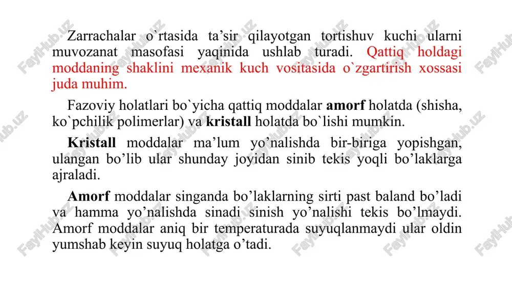 xil xususiyat namoyon qiladi, ular suyuqliklarga o’xshab oquvchan bo’lsa, kristallardek anizotropdir (o’ziga xos suyuqlanish haroratida suyuqlikka o’tadi). strukturasi bo’yicha suyuq kristallar suyuq jelega o’xshash, molekulasi cho’zilgan formada bo’ladi. xarakterli xususiyati suyuq kristallarning molekulasi elektr maydon tasirida o’zining oriyentatsiyasi o’zgartiradi. suyuq kristallar o’zining xossalariga qarab 2 xil bo’ladi: liotrop va termotrop. otto leman 1904-yilda “suyuq kristallar” kitobini yozdi. djorj feryusson sk larni harorat tasirida rangi o’zgarishini aniqladi. dj grey arzon xomashyolardan suyuq kristallarni olishni ishlab chiqqan. suyuq kristallarni 1888-yil f. reynitser kashf qilgan. u xolestirilbenzoat va xolestirilatsetatda 2 ta suyuqlanish nuqtasi borligini aniqlagan. nematik suyuq kristall image1.wmf image2.wmf oleobject1.bin oleobject2.bin image3.png image4.emf image5.emf image6.png image7.emf image8.png image9.png image10.wmf image11.wmf image12.wmf image13.wmf image14.wmf oleobject7.bin oleobject8.bin oleobject3.bin oleobject4.bin oleobject5.bin oleobject6.bin image15.wmf image16.wmf oleobject9.bin oleobject10.bin image17.emf image18.png image19.emf image20.emf image21.emf image22.png image23.emf 2 0 2 2 2 mv u mv u e ym > < ÷ ÷ ø ö ç ç è æ + …