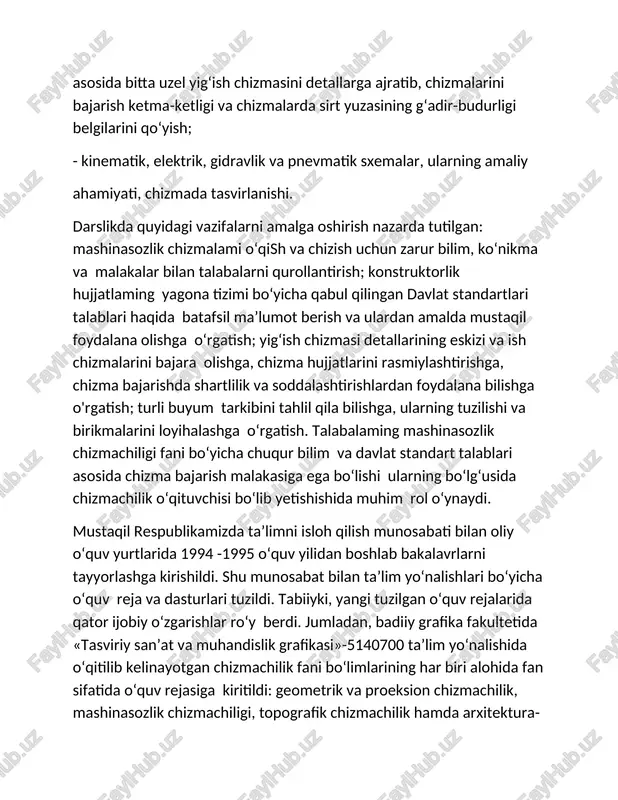 alarini yasalishini ko’ramiz (1.2-shakl,a). buning uchun vint chiziq asosining diametric d va vint chiziqning qadami h teng 8 bo’laklarga bolinadi. bo’lish nuqtalari vint chizig’ini hosil qiluvchi nuqta harakat yo’nalish bo’yicha 1,2,3 ... raqamlar bilan belgilab chiqiladi. so’ngra silindrning kontur yasovchisiga berilgan h qadam o’lchab qo’yiladi va bu qadamni ham teng 8 bo’lakka bo’lib chiqiladi va bo’linish nuqtalari pastdan yuqoriga qarab 1,2,3….. nomerlanadi.nuqtaning tola aylangandan keyingi vaziyati 1,2,…. nuqtalar bilan belgilangan. bu paytda nuqta bir tola o’ram hosil qilgan bo’ladi va h balandlikka ko’tariladi. bundan keyingi harakati davomida ikkinchi o’ramni chiza boshlaydi va hokazo. nuqtaning 0 vaziyatdan 1 vaziyatga siljiganda uning frontal proeksiyasi 0 dan i ga, ya’ni h/8 ga teng bo’lakka ko’tariladi (1.2-shakl,b). nuqta 2 dan 3 vaziyatga burilganda uning frontal proeksiyasi ii nuqtaga, ya’ni 2h/8 balandlikka ko’tariladi va hokazo. nuqta silindr atrofida to’la bir marta aylanib, o’zining boshlang’ich vaziyatini egallaganda vint chiziqning h qadamiga teng bo’lgan i-viii balandlikka ko’tariladi. …