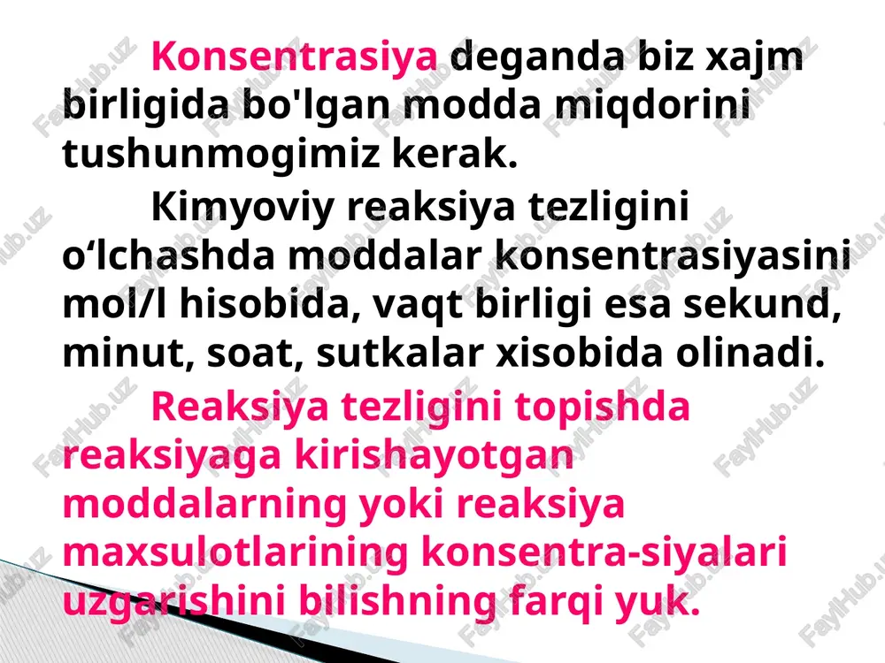 ozanatni issiqlik ajralib chiqadigan rektsiya tomoniga siljitadi. demak, temperaturaning ko'tari-lishi endotermik reaktsiyaning borishiga, pasayishi esa, ekzotermik reaktsiyaning borishiga yordam beradi. masalan: 2so2o2  2so319,6 kj tenglama bilan ifodalangan muvozanat sistemani olsaq, so3 ning hosil bo'lishi ekzotermik reaktsiya bo'lganligi uchun le-shatele printsipiga ko'ra, temperatura oshirilganda o2 ajraladi, ya'ni muvozanat o'ngdan chapga quyidagi yo'nalishda siljiydi: 2so3  2so2  o2 aksincha, temperatura pasaytiril-ganda so2 bilan o2 birikib so3 hosil qiladi, ya'ni muvozanat 2so2o22so2 reaktsiya tomonga siljiydi. kimyoviy muvozanatga kontsentratsiyaning ta'siri kimyoviy muvozanat holatidagi sistemada moddalardan birining kontsentratsiyasi oshirilsa, sistemada mumkin bo'lgan reaktsiyalardan shunday reaktsiya kuchayadiki, natijada kontsentratsiyasi oshirilganda modda sarf bo'ladi. masalan, fecl3 3kcns  fe (cns)33kcl tenglamasi bilan ifodalangan muvozanat sistema berilgan bo'lsin. bu reaktsiyada fecl3 ning kontsentratsiyasi oshirilsa, muvozanat to'g'ri reaktsiyaning tezligi ortadigan tomonga, ya'ni o'ng tomonga siljiydi. kcl ning kontsentratsiyasi oshirilsa, muvozanat teskari reaktsiyaning tezligi ortadigan tomonga qarab, ya'ni chapga siljiydi. kimyoviy muvozanat holatiga bosimning ta'siri gazsimon moddalar ishtirok …