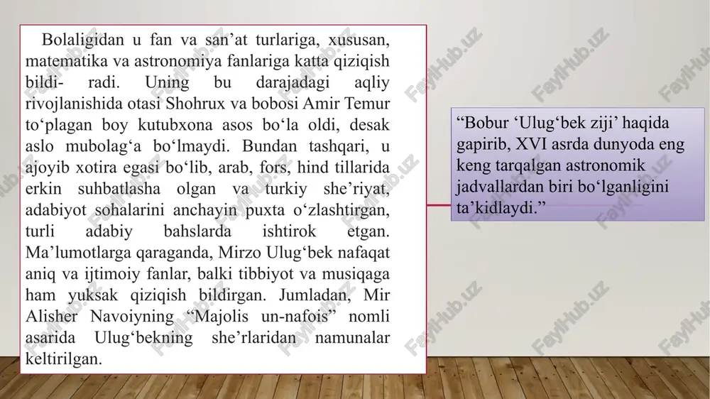desak aslo mubolag‘a qilmagan bo‘lamiz. shaxsiylashtirilgan ta’lim va texnologiya uyg‘unlashuviga e’tibor hozirgi ta’lim tendensiyalariga mos keladi va o‘quvchilarni kelajak uchun muhim ko‘nikmalar bilan qurollantiradi. ushbu yondashuv yuqori sifatli, qiziqarli va samarali darslarni o‘tkazish uchun yangi imkoniyatlarni taqdim etadi. mirzo ulug‘bekning pedagogik qarash- larini o‘rganish orqali pedagoglar umumiy ta’lim tajribasini oshiruvchi innovatsion o‘qitish usullari va xizmatlarini kashf etishlari mumkin. uning bu g‘oyalarini qabul qilish yanada dinamik va ta’sirli ta’lim muhitiga eshiklarni ochadi. bundan tashqari, uning ta’lim va tarbiya sohasiga qo‘shgan hissalaridan biri shuki, u dastlab yosh avlod- ning aqliy va ma’naviy tarbiyasiga katta ahamiyat berib, yoshlarni dunyoviy bilim egallashga da’vat etib, johillik va bilimsizlikka qarshi kurashadi. mirzo ulug‘bek rivojlangan ilm-fan orqali insonlarning har tomonlama kamol topishiga ishonar edi. ulug‘bekning nafaqat yozgan asarlari, balki uning hayot yo‘li ham yosh avlod uchun yuksak bir namuna bo‘la oladi. mirzo ulug‘bekning farzand tarbiyasiga oid qarashlari shundan iboratki, bolaning bilim olishga bo‘lgan qiziqishi va havasini oshirishda …