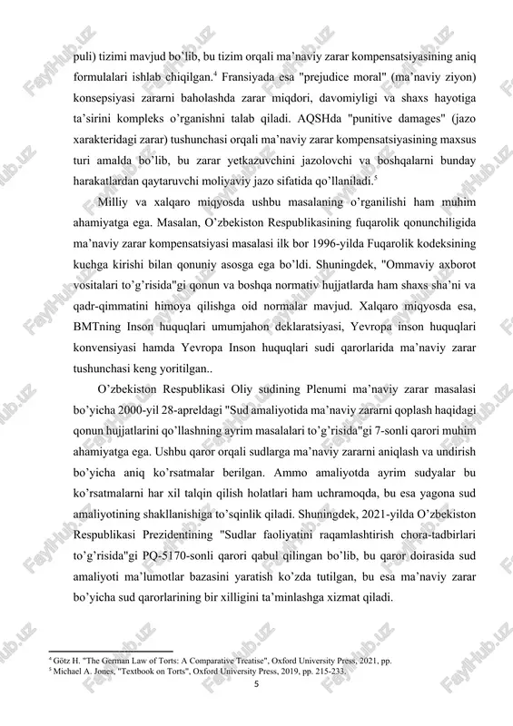 sosida tahlil etiladi. tadqiqot metodologiyasi sifatida huquqiy tahlil, solishtirma-huquqiy, sistematik va tarixiy yondashuv usullaridan foydalaniladi. ayniqsa, mavjud sud qarorlari tahlili orqali ma’naviy zarar bo’yicha adolatli qarorlar qabul qilishda qanday mezonlar mavjudligi yoki yo’qligi aniqlanadi. shu orqali takomillashtirishga muhtoj normativ-huquqiy asoslar va ularni amaliyotga tatbiq etish yo’llari ishlab chiqiladi. kurs ishining vazifasi: tadqiqot doirasida quyidagi vazifalar hal etiladi: ma’naviy zarar tushunchasining nazariy va amaliy jihatlari kompleks o’rganiladi; ma’naviy zarar miqdorini aniqlashning zamonaviy usullari va mezonlari tahlil qilinadi; xorij davlatlarining ma’naviy zarar institutini tartibga solish borasidagi ilg’or tajribalari o’rganiladi; o’zbekiston qonunchiligida ma’naviy zarar institutini tartibga solishning huquqiy asoslari tadqiq etiladi; ma’naviy zararni qoplashning yangi va samarali mexanizmlarini joriy etish bo’yicha taklif va tavsiyalar ishlab chiqiladi. ma’naviy zarar tushunchasi nafaqat nazariy-huquqiy jihatdan, balki amaliy hayotda ham o’zining muhim o’rniga ega. shu bois, uni chuqur o’rganish, mavjud qonunchilikni tahlil qilish, xalqaro tajribalarni inobatga olgan holda takliflar ishlab chiqish nafaqat huquqshunoslar, balki sudyalarning ham amaliy …