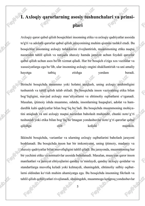 baholash muhimdir. bu jarayonda inson har bir qarorning ijtimoiy, madaniy va shaxsiy qiymatlar bilan muvofiqligini aniqlashga harakat qiladi. masalan, muhim qarorlar qabul qilishda, ijtimoiy ishchi, odatda, inson huquqlari, adolat, samimiylik va mas'uliyat kabi qadriyatlarni hisobga oladi. bu bosqichda qabul qilinadigan qarorning etika normalariga mos kelishi va uning uzoq muddatli ta’siri tahlil qilinadi. uchinchi bosqichda, qaror qabul qilish va uni amalga oshirish jarayoni boshlanadi. bu jarayonda inson axloqiy prinsiplar va normativlar asosida to‘g‘ri tanlov qilishga intiladi. qabul qilingan qaror, odatda, insonning etika qadriyatlariga muvofiq bo‘lishi kerak, shuningdek, muammoni hal qilishda adolat va samimiylik asosida harakat qilinadi. masalan, ijtimoiy ishda, muammo yuzaga kelganda, hal etish uchun etika va professional standartlar bilan muvofiqlikda to‘g‘ri va mas'uliyatli qarorlar qabul qilinadi. nihoyat, to‘rtinchi bosqichda, qabul qilingan qarorning natijalari va ta’sirlarini baholash muhimdir. bu bosqich insonning kelajakdagi qarorlar uchun muhim darslarni olishiga yordam beradi. qarorning ijobiy yoki salbiy ta’sirini tahlil qilish, ehtimoliy xatoliklarni aniqlash va ularni …