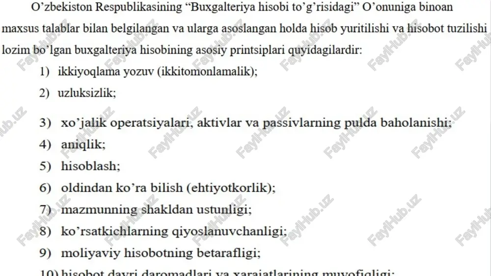 dir bo’ lish daqigasida yozish qoidasidir (acorual basis). buxgalteriya operatsiyalarini ularning sodir bo’ lish daqiqasida, garchi naqd pullar xali olinmagan bo’lsa ham, daromadlar hisoblangan vaqtda yozilishini, naqd pullar xali to’lanmagan bo’ lishi mumkin, lekin harajatlar ular hisoblangan vaqtda yoziladi. har xil foydalanuvchilarga umumiy xarakterga ega bo’lgan foydali axborotni berish uchun hisoblash usuli kassa usuliga qaraganda afzalrog usul hisoblanadi. kassa usuliga (cash basis) ko’ra daromad va harajatlarni yozish, ularning qaysi davrga tegishli ekanligidan qat’iy nazar fagat bean g- © + 130,64% @ en amt gc aa ey alin nasnan kommentapuii = bua ‘®opma ie 10-buxgalteriya-hisobi-nazariyasi.-b.xashimov-2003-darslik-.pdf (3ali\vileho) - foxit pdf reader © b b @ py bui6pare chuniok byep ~ obmena™ ~ baknaakn he 5] buxgalteriva hisobinazarivas| [] |—808 “xojalikhisobining umur baa q li bob "buxgaletrya hisobining f i~ bob "buxgaleriya balan, uni os iv-bob “schyot tzimi vaikkiyog! yy v=bob “baholash va kalkulyatsiye vi- bob “asosiy xojalik muomala q vil~ bob "hujatlashtirish …