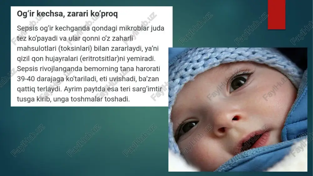 organizm reaktivligi o‘zgarib qolgan holat deb qaraladi. etiologiyasi. sepsisning asosiy sababchilari sta ilokokklar, streptokokklar, pnevmokokklar, ichak tayoqchalari, gonokokklar, diplokokklar, ko‘k yiring tayoqchalari va boshgalar hisoblanadi. ko‘rinib turganidek, sepsis polimikrob kasalliklar jumlasiga kiradi. bolaga mikroblar: a) tug‘ilishdan oldin — homilad infeksion kasalliklar natijasida gematogen yo‘l bilan, or ayoldagi ifloslangan qog‘onogq suvlaridan teri, me’da-ichak va yugori nafas yo‘llari orgali; b) tug‘uruq vaqtida — aseptika va antiseptika qoida qilinmaganda, ifloslangan qog‘onoq suvlari va tug‘uruq ariga rioya yo'llaridagi yiringli ajratmalardan aksariyat hollarda teri va kindik orqali; d) tug‘u- ruqdan keyin — parvarishdagi nugsonlar, ona va xodimlard agi mikrobli kasalliklar, parvarish buyumlarining yetarli tozalanmagan! qoladi. igidan o‘tib kasallik qo‘zg‘atuvchilari ko‘pincha bola tug‘ilganidan toki 15 kunlik a ‘al infeksion kasalliklar natyasida gematogen yo! dilan, mlosiangan qog‘onogq suvlaridan teri, me’da-ichak va yugori nafas yo‘llari orqali; b) tug‘uruq vaqtida — aseptika va antiseptika qoidalariga rioya qilinmaganda, ifloslangan qog‘onoq suvlari va tug‘uruq yo‘llaridagi yiringli ajratmalardan aksariyat hollarda teri va …