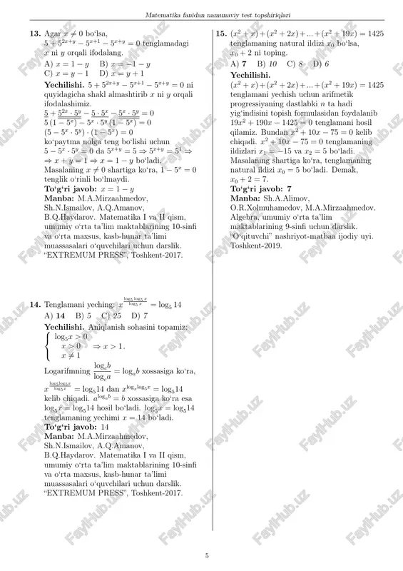+ 12− 2 · 12 · ( −1 2 ) ⇒ ⇒ ae = 6. to‘g‘ri javob: 6. manba: m.a.mirzaahmedov, sh.n.ismailov, a.q.amanov, b.q.haydarov. matematika i va ii qism, umumiy o‘rta ta’lim maktablarining 10-sinfi va o‘rta maxsus, kasb-hunar ta’limi muassasalari o‘quvchilari uchun darslik. “extremum press”, toshkent-2017. 10 matematika fanidan namunaviy test topshiriqlari 28. (3; 4) nuqtani koordinatalar boshiga nisbatan soat mili harakati yo‘nalishida 180◦ ga burish natijasida hosil bo‘lgan nuqtaning koordinatalarini aniqlang. a) (−3; −4) b) (−3; 4) c) (3; −4) d) (−4; 3) yechilishi. 0-5 -5 -4 -4 -3 -3 -2 -2 -1 -1 1 1 2 2 3 3 4 4 5 5 c b a rasmdan ko‘rinib turibdiki, (3; 4) nuqtani koordinatalar boshiga nisbatan soat mili harakati yo‘nalishida 180◦ ga burish natijasida (0; 0) nuqtaga nisbatan simmetrik (−3;−4) nuqta hosil bo‘ladi. to‘g‘ri javob: (−3;−4) manba: sh.a.alimov, o.r.xolmuhamedov, m.a.mirzaahmedov. algebra, umumiy o‘rta ta’lim maktablarining 9-sinfi uchun darslik. “o‘qituvchi” nashriyot-matbaa …