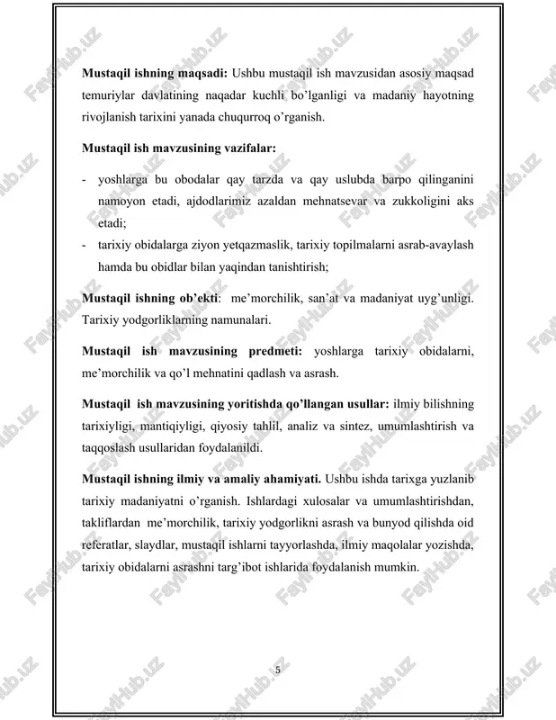 vi yuritish kabi murakkab ishlarni bajarganlar. masalan, bibixonim masjidi eshiklari yetti xil ma’dan qotishmadan tayyorlangan. zargarlar oltin, kumush va jez qotishmalaridan nafis zeb-ziynat buyumlari yasaganlar. oltin va kumush gardishli, qimmatbaho toshlar qadalagan idishlar sirtiga naqsh va yozuvlar ishlangan. kulolchilik eng sertarmoq soha bo’lgan. xiv-xv asrlarda sirli sopol badiiy rang-baranglikda turli sohalarda ishlatilgan va turli buyumlar yasalgan. toshtaroshlikda naqsh, xattotlik keng qo’llanila boshlangan. binokorlikda g’isht teruvchilar «banno», peshtoq, ravoq hamda toqlarga parchin va chiroq qoplovchi pardozchilar «ustoz» deyilgan. samarqandda shishasozlik rivojlanib turli idish va buyumlar yasalgan. qurilishda rangli oynalardan foydalanilgan. yog’och o’ymakorligida naqshin binolar qurilgan va buyum jihozlar yasalgan. samarqand qog’ozi hatto chet o’lkalarda mashhur bo’lgan. bu davrda hunarmandchilik mollari ishlab chiqaradigan korxona boshlig’i «usta» shogirdlar «xalfa»lar bo’lgan. hunarmandlar shaharning madaniyatli tabaqasiga mansub bo’lgan.temuriylar davlati xitoy, hindiston, eron, rusiya, volga bo’yi, sibir bilan muntazam savdo-sotiq aloqalari olib borgan. chet davlatlar bilan savdo aloqalarini kengaytirishda temuriylarning elchilik aloqalari muhim ahamiyat kasb etgan. …