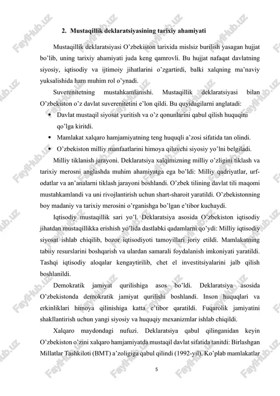 rni qo’ydi: milliy iqtisodiy siyosat ishlab chiqilib, bozor iqtisodiyoti tamoyillari joriy etildi. mamlakatning tabiiy resurslarini boshqarish va ulardan samarali foydalanish imkoniyati yaratildi. tashqi iqtisodiy aloqalar kengaytirilib, chet el investitsiyalarini jalb qilish boshlanildi. demokratik jamiyat qurilishiga asos bo’ldi. deklaratsiya asosida o’zbekistonda demokratik jamiyat qurilishi boshlandi. inson huquqlari va erkinliklari himoya qilinishiga katta e’tibor qaratildi. fuqarolik jamiyatini shakllantirish uchun yangi siyosiy va huquqiy mexanizmlar ishlab chiqildi. xalqaro maydondagi nufuzi. deklaratsiya qabul qilinganidan keyin o’zbekiston o’zini xalqaro hamjamiyatda mustaqil davlat sifatida tanitdi: birlashgan millatlar tashkiloti (bmt) a’zoligiga qabul qilindi (1992-yil). ko’plab mamlakatlar bilan diplomatik aloqalar o’rnatildi. mintaqaviy va xalqaro tashkilotlar bilan hamkorlikni rivojlantirishga kirishildi. xalq ruhiyatidagi yangilanish. mustaqillik deklaratsiyasi xalqning ma’naviy uyg’onishiga turtki berdi: · xalq o’z taqdirini o’zi belgilashga va mustaqil qaror qabul qilishga ishonch hosil qildi. · milliy g’urur va o’zlikni anglash kuchaydi. · yangi avlod uchun mustaqil davlatda yashashning afzalliklari va mas’uliyatlari singdirildi. mustaqillik deklaratsiyasi xalqimizning tarixiy orzu-intilishlarini amalga oshirish …