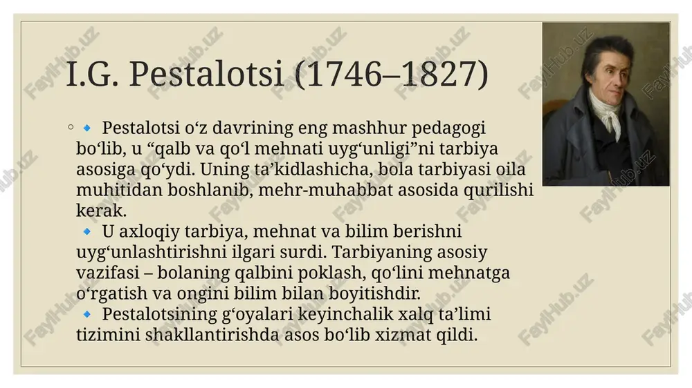 a e’tibor qaratib, bir necha muhim tamoyillarni ilgari surdi: bosqichma-bosqich ta’lim – bilimlar oddiydan murakkabga qarab berilishi kerak; amaliyotga tayangan ta’lim – inson faqat nazariya bilan emas, balki tajriba orqali ham bilimni mustahkamlaydi; qattiq jazoga qarshi turish – haddan tashqari majburlash va zo‘ravonlik bolaning qobiliyatlarini susaytiradi; ona tilida ta’lim – boshlang‘ich bilimlarni o‘z tilida olish, keyin boshqa tillarni o‘rganish samaraliroq; ijtimoiy tarbiya – inson tarbiyasida jamiyat, oilaviy muhit va iqtisodiy sharoitning katta ta’siri bor. imom g‘azzoliy (1058–1111) imom g‘azzoliy – buyuk musulmon mutafakkiri, faylasufi, teolog va pedagog bo‘lib, islom falsafasi va ta’lim-tarbiyasida chuqur iz qoldirgan. uning pedagogik qarashlari nafaqat diniy, balki ijtimoiy va axloqiy tarbiya masalalarini ham qamrab oladi. 1. axloqiy va ma’naviy qarashlar - g‘azzoliy ta’lim-tarbiyani insonning ma’naviy kamolotiga yetaklovchi vosita sifatida ko‘rgan. u ta’limni quyidagi asosiy tamoyillar bilan bog‘lagan: axloqiy yetuklik – shaxsning halol, adolatli va odobli bo‘lishi; ma’naviy tarbiya – bilim faqat aql bilan emas, balki qalb …