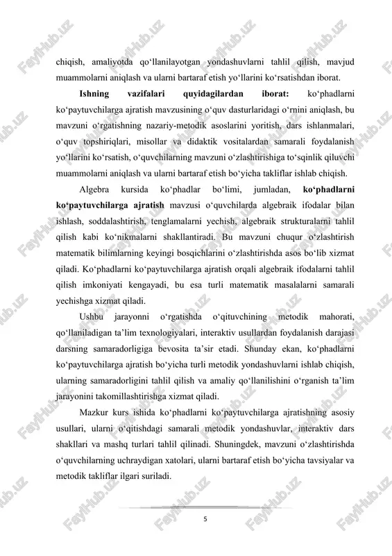 .1- a rasmda tasvirlangan shaklning shtrixlangan qismining yuzi ga teng, 1.1.1- b rasmda tasvirlangan shaklning yuzi esa ga teng. ifoda ushbu ikkita birhadning yig‘indisi: va ; ifoda ab va birhadlarning ayirmasi yoki ab va (-) birhadlarning yig‘indisi. bu ifodalar birhadlarning algebraik yig‘indisi bo‘ladi. bunday ifodalar ko‘phadlar deyiladi. (1.1.1-rasm) ta’rif: bir nechta birhadning algebraik yig‘indisi ko‘phad deyiladi. ko‘phadni tashkil qiluvchi birhadlar shu ko‘phadning hadlari deyiladi. masalan, ko‘phadning hadlari , , bo‘ladi. ikkita haddan tuzilgan ko‘phad ikkihad deyiladi, uchta haddan tuzilgan ko‘phad uchhad deyiladi va hokazo. ikkihadga misollar:, 5ab + 4c. uchhadga misollar: a + 2b - 3c, . birhadni ham ko‘phad deb hisoblaymiz. agar ko‘phadning ba’zi hadlari standart shaklda yozilmagan bo‘lsa, u holda shu ko‘phadning barcha hadlarini standart shaklda yozib, uni soddalashtirish mumkin. masalan: ko‘phadni soddalashtiring. berilgan ko‘phadning barcha hadlarini standart shaklda yozamiz: . demak, =. algebra kursida ko‘phadlar — bir yoki bir nechta o‘zgaruvchining darajalari ishtirok etgan, har xil sonli …