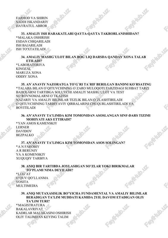 kasbni o’zgartirish kerak muammoni hal qilishga urinish kerak o’z-o’zini tarbiyalash bilan mashg’ul bo’lish kerak hech narsa qilish kerak emas 59. bakalavriat qaysi ta'lim turiga kiradi * oliy ta'lim oliy ta'limdan keyingi ta'lim kasb ta'limi umumiy ta'lim 60. barqaror zaruriy u yoki bu hodisalar va jarayonlar o`rtasidagi mutanosib va muhim aloqa bu - … * ta'lim qonuniyatlaridur darslik o’quv dasturi didaktika 61. bilim va tarbiyaga ega bo`lgan kishilar qanday ataladi * tarbiyachi tarbiyalanuvchi tarbiyachi va tarbiyalanuvchi to`g`ri javob yo`q 62. bilimlarni haqiqiyligini ko`rsatuvchi mezon gap nima to`g`risida ketayatganligini toping * amaliyot doimiy komponentlar nazariya tarbiya 63. bilimlarni o`zlashtirish tadbiq etish yo`llari bilan - shakllanadi * ko`nikma va malaka ijodiy faoliyat tajriba munosabat tizimi 64. bilimlarni og’zaki bayon qila turib rasmlar chizmalar jadvallar doskadagi yozuvlarga diqqatni tortish qaysi metodga kiradi? * illyustratsiya natijaviy yakuniy an'anaviy 65. bilimlarni tekshirish turlari * joriy oraliq yakuniy huquqiy ijtimoiy ma`naviy 66. bilimni egallash va uni o’zlashtirishini …