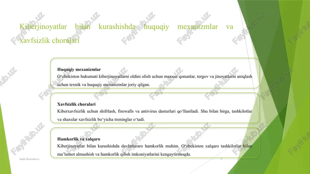 noyatlarning turlari va tahdidlari. yangi asr nashriyoti, 2022. 5. jumanov, m. kiberjinoyatlarni oldini olish va huquqni muhofaza qilish. o'zbekiston respublikasi adliya vazirligi nashriyoti, 2020. iroda razzokova 13 iroda razzokova 14 e'tiboringiz uchun rahmat!  /docprops/thumbnail.jpeg stra lat peg inst re merete ‘eeu hoa aad tanntovs rdanng ie an tg