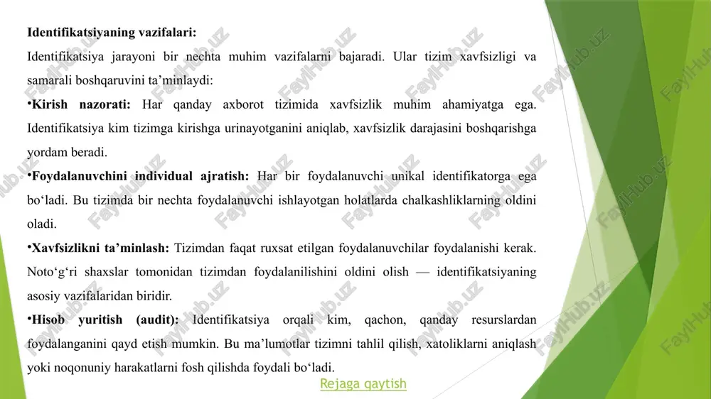 dalanuvchining taqdim etgan ma'lumotlari asosida uning kimligini tasdiqlash jarayonidir (masalan, parol yoki biometrik ma'lumotlar). bu bosqichda foydalanuvchining haqiqatan o‘zi ekanligini isbotlash kerak. bu jarayonlar orqali tizimga kirish huquqini faqatgina tasdiqlangan va ishonchli foydalanuvchilarga berish mumkin. identifikatsiya va autentifikatsiya tizimda noto‘g‘ri kirishlarni, shu bilan birga, xavfsiz tizimni yaratishga yordam beradi. rejaga qaytish axborot xavfsizligini ta'minlash: foydalanuvchi identifikatsiyasi va autentifikatsiyasi tizimga kirishni faqat haqiqiy va ruxsat etilgan foydalanuvchilarga ruxsat beradi. bu, o‘z navbatida, ma'lumotlarni noto‘g‘ri shaxslarning qo‘liga tushishining oldini olishga yordam beradi. identifikatsiya va autentifikatsiya ma'lumotlar va tizimlarning himoya darajasini oshiradi, chunki tizimga kirish uchun faqatgina parol yoki pin kod emas, balki qo‘shimcha autentifikatsiya qatlamlari (masalan, biometrik ma'lumotlar yoki sms kodlari) ham talab qilinishi mumkin. auditorlik va tizimni nazorat qilish: identifikatsiya va autentifikatsiya tizimlari foydalanuvchining harakatlarini kuzatish va audit qilish imkoniyatini yaratadi. bu jarayonlar tizimga kirgan va undan foydalangan shaxslarni aniqlashga yordam beradi, bu esa xavfsizlikni ta'minlash uchun muhimdir. auditorlik hisobotlari, tizimga …