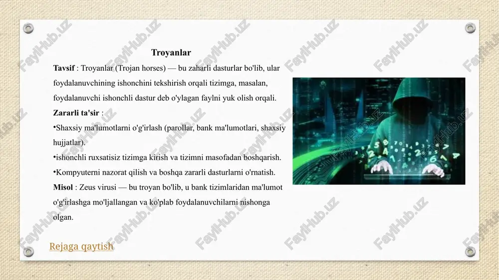 ishdan oldin ehtiyot bo'ling : agar sizning tanishingiz bo'lmagan bir kishi yoki tashkilotdan fayl kelgan bo'lsa, uni ochishdan oldin ikki marta o'ylang. fayllarni ochmasdan oldin antivirus dasturi bilan. agar fayl shubhali bo'lsa, uni ochmasli kerak. parol tizimini ta'minlash tavsif : parollar tizimingizni va shaxsiy hisoblaringizni himoya qiladi. agar parolingiz kuchsiz bo'lsa, zararli dasturlar va viruslar tizimga kirishi osonlashadi. kuchli parollarni : har doim uzun va murakkab parollarni tavsiya qilish. parollarni va harflar, raqamlar va katta raqamlar kichik bilan aralashtirish kerak. turli xil parollarni hisobga olish : har bir barcha barcha hisoblar uchun parollar yordamida, boshqa hisoblar hisob hisob bo'ladi. rejaga qaytish shaxsiy ma'lumotlarni himoya qilish tavsif : shaxsiy ma'lumotlarni internetda yoki kompyuteringizda himoya qilish zarur. ma'lumotlar o'g'irlanishi yoki zararlanishi mumkin bo'lgan xato yoki ehtiyotsizligi tufayli sodir bo'lishi mumkin. shaxsiy ma'lumotlarni oshkor qilmas : internetda, ayniqsa ijtimoiy sohalarda shaxsiy ma'lumotlarni (parollar, kredit kartalari, tug'ilgan sana) oshkor qilmas kerak. ijtimoiy tarmoqlarda xavfsizlikni …