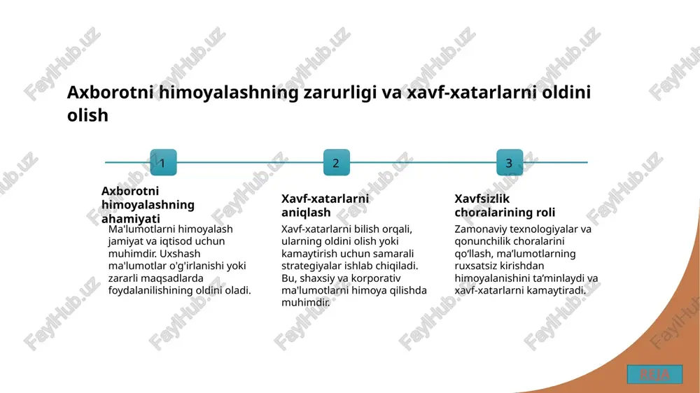 va foydalanuvchi mas’uliyatining roli qonunlar va foydalanuvchi mas’uliyati axborotni ruxsatsiz foydalanishga qarshi muhim himoya vositasi bo‘lib, xavfsizlikni mustahkamlashda muhim ahamiyatga ega. reja foydalanilgan adabiyotlar 1. o'zbekiston respublikasining axborot xavfsizligi bo'yicha qonunlari. o'zbekiston respublikasi huquqiy ma'lumotlar portali, 2020. 2. n. m. karimov. axborotni himoyalash usullari va vositalari. toshkent davlat universiteti nashriyoti, 2019. 3. t. s. karimova. axborot xavfsizligini ta'minlashda qonun hujjatlari va foydalanuvchi mas'uliyati. o'zbekiston huquqiy nashriyoti, 2021. 4. a. s. yuldashev. axborotni ruxsatsiz foydalanishdan himoyalash: muammo va yechimlar. xavfsizlik va axborot texnologiyalari jurnal, 2022. 5. m. k. abdurahmanov. axborot xavfsizligini ta'minlash texnologiyalari va amaliyotlari. o'zbekiston mintaqaviy akademik nashriyoti, 2018. reja e'tiboringiz uchun rahmat! reja /docprops/thumbnail.jpeg ‘sharia dant pea ast lap fal tematic airman oh ‘hare mel 21 gera alba razzohova traning eran ie fan antag