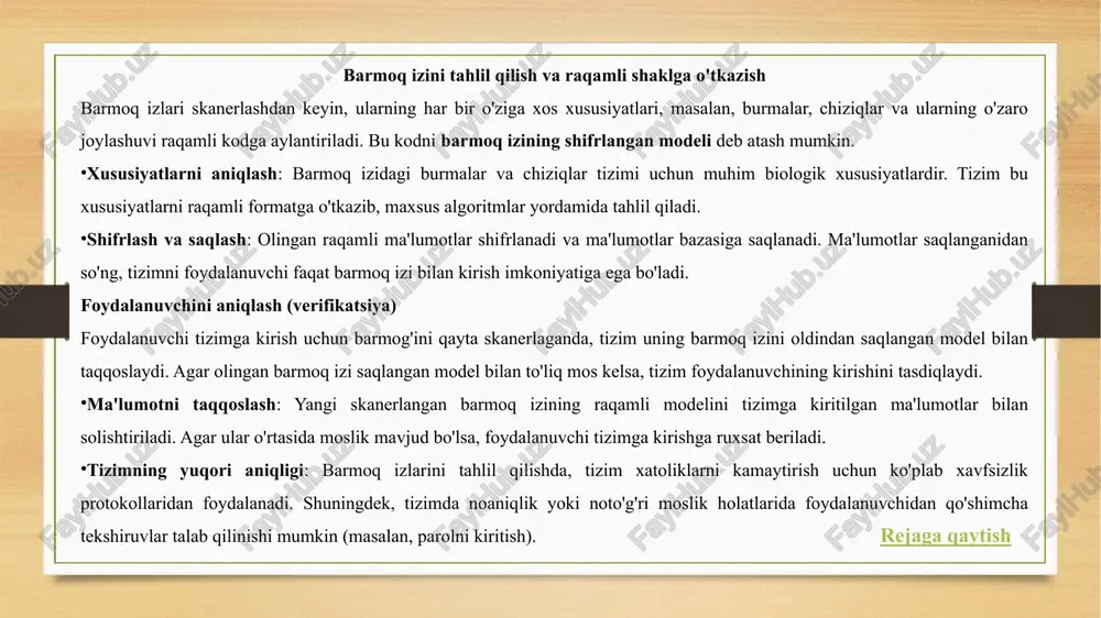a'minlashda samarali vosita hisoblanadi. onlayn to'lov tizimlari (masalan, paypal, google pay) ham foydalanuvchining identifikatsiyasini tasdiqlash uchun barmoq izini qo'llashni boshlagan. korxona va ofis xavfsizligi: kattaroq tashkilotlar va kompaniyalarda barmoq iziga asoslangan autentifikatsiya tizimlari orqali xodimlarning ofisga kirishlari yoki maxfiy xujjatlarga kirish huquqlarini boshqarish amalga oshiriladi. bunday tizimlar, shuningdek, kompaniya ichidagi serverlar va ma'lumotlar bazalariga kirishni cheklash va ruxsatsiz kirishning oldini olishda yordam beradi. shaxsiy xavfsizlik tizimlari: eshiklarni ochish tizimlari va avtomobillarni boshqarish tizimlarida ham barmoq iziga asoslangan autentifikatsiya qo'llanilmoqda. avtomobil eshiklarini ochish, eshiklar uchun xavfsizlikni ta'minlash, va hatto smart uy tizimlarida bu autentifikatsiya usuli keng tarqalgan. ba'zi uy qurilishlarida va omborxonalarda barmoq iziga asoslangan tizimlar foydalanuvchilarni aniqlash uchun ishlatiladi, bu esa xavfsizlikni sezilarli darajada oshiradi. rejaga qaytish kelajakdagi rivojlanish imkoniyatlari barmoq iziga asoslangan autentifikatsiya tizimining kelajakdagi rivojlanishi quyidagi sohalarda amalga oshirilishi mumkin: ko'p faktorli autentifikatsiya: kelajakda barmoq izini boshqa biometrik usullar, masalan, yuzni aniqlash, irish skaneri yoki ovozli identifikatsiya bilan …