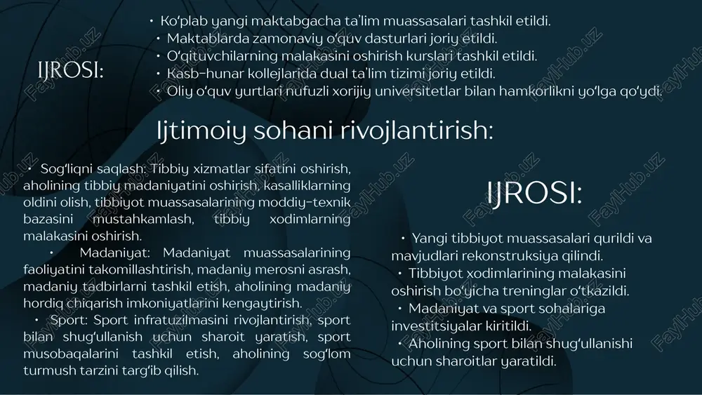 ntlar: infrastruktura, raqamlashtirish va pedagogik soha loyihalari uchun. - tadbirkorlar va xayriya fondlari: stipendiyalar, o‘quv uskunalari, inkubatorlar. - kredit va imtiyozli moliyalashtirish: taʼlim loyihalari uchun uzun muddatli imtiyozli kreditlar. monitoring va baholash tizimi (indikatorlar va mexanizmlar) - asosiy indikatorlar: maktabgacha taʼlim qamrovi (%), maktab bitiruvchilari o‘rtasida milliy testlar natijalari (o‘qish, matematika), o‘qituvchilar malaka darajasi (%), sinf‑kompyuter nisbati, internet qamrovi (%), inkluziv xizmatlarga qamrov. - ijro monitoringi: har chorakda viloyat hokimligi va taʼlim boshqarmalari hisobotlari, mustaqil auditlar, mahalliy jamoatchilik va oav xabarlari. - maʼlumotlar markazi: viloyat darajasida elektron monitoring paneli (dashboard) yaratish — real vaqtda har bir maktab bo‘yicha maʼlumotlar. - baholash: 2–3 yilda bir marta mustaqil respublika yoki xalqaro ekspertlar tomonidan tashxisiy baholash. xulosa “insonga eʼtibor va sifatli taʼlim yili” davlat dasturi oʻzbekistonning kelajagini belgilovchi asosiy ustuvor yoʻnalish – inson kapitalini rivojlantirishga qaratilgan fundamental islohotlar majmuini oʻz ichiga olgan. ushbu dastur jamiyatning barcha jabhalarida inson qadrini ulugʻlash, har bir fuqaroning …