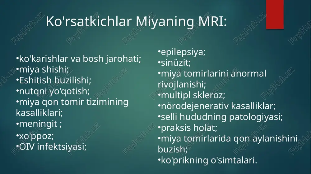rofobiya (qurilma tunnelida vahima tadqiqotga halaqit beradi); fiziologik monitoringga ehtiyoj; bemorning ruhiy sog’lom emasligi; bemorning og’ir / o’ta og’ir holatdaligi; metall qo’shimchalar mavjud bo’yoqlardan tayyorlangan tatuirovkalar mavjudligi (kuyishlar paydo bo’lishi mumkin) tish protezlari va breket tizimlari mavjudligi. agar mrt kontrast bilan bajarilsa, ro’yxatga quyidagi qarshi ko’rsatmalar qo’shiladi: gemolitik anemiya; kontrastli muhitni tashkil etuvchi komponentlarga shaxsiy intolerantlik; surunkali buyrak yetishmovchiligi, chunki bu holatda kontrastni tanadan chiqarish qiyinlashishi mumkin; har qanday homiladorlik vaqtida, chunki kontrast platsentar to’siqdan o’tadi va uning homilaga ta’siri yaxshi o’rganilmagan. e`tiboringiz uchun rahmat! image6.png image7.png image8.png image9.png image10.png image11.png image12.png image13.png image14.png image2.png image3.png image4.png image5.png @: °@ oed /docprops/thumbnail.jpeg