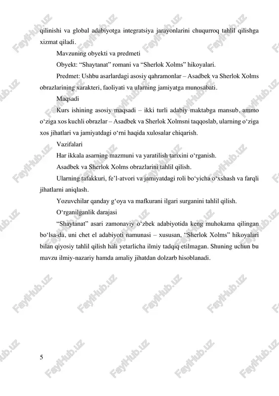 ial shaklida ham mashhur bo‘lgan. jildlar soni: 6 ta jilddan iborat epik roman turkumi. bosh qahramonlar: baxtiyor – jinoyat olamida "shoh" maqomini olgan shaxs. temur – sobiq maxsus xizmat xodimi, adolatni tiklashga harakat qiladi. asar mazmuni: roman o‘zbek jamiyatidagi jinoyat olami, mafiyaviy guruhlar, korrupsiya, huquq- tartibot muassasalarining ishi va ahloqiy inqirozni yoritadi. 7 tohir malik asarda real hayot hodisalarini badiiy tarzda ko‘rsatgan, shuningdek, mafkura, shaxsiy inqirozlar va jamiyatdagi adolatsizliklarni fosh qiladi. xususiyatlari: realistik uslubda yozilgan, milliy ruhiyatni chuqur aks ettiradi. o‘quvchini jinoyatchilik va axloqiy tanlovlar ustida o‘ylantiradi. 1.1. asarlarning yaratilgan davri, janri va ijtimoiy-siyosiy konteksti asadbek va sherlok holms obrazini taqqoslash jarayonida, ularning yaratilgan davri va ijtimoiy konteksti muhim ahamiyat kasb etadi. har ikkala asar ham o’z davrining madaniy, diniy va ijtimoiy muhitidan ta’sirlangan bo’lib, ular orqali yaratilgan obrazlar va mavzular o’z vaqtining muhim ijtimoiy masalalariga javob berishga harakat qilgan. shaytanat asari, odatda, o’zining yozilgan davri va muhitiga qarab, diniy …