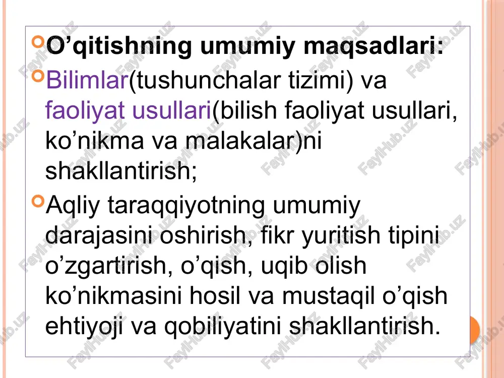 r; fanga nisbatan qiziqishning namoyon bo’lishi uchun, aynan ushbu fanning o’quvchi uchun muhim ekanligini his qilishi kerak; yangi ma`lumot, o’quvchi tomonidan avval o’zlashtirilgan bilimlarga uyg’un tarzda yetkazib berilsa yanada qiziqarli va samarali bo’ladi; yangi ma`lumotning haddan ziyod murakkabligi, o’quvchida ma`lum bir qiyinchilikni yuzaga keltiradi, shuning uchun ta`lim oluvchilarning yoshi, bilim darajasi, imkoniyatlarini xisobga olish maqsadga muvofiq. pedagogik jarayonning barcha bosqichlarida kompyuterlardan foydalanish ijobiy samara berishini tasdiqlaydigan ko’plab misollarni keltirish mumkin: ta`lim oluvchilarga o’quv ma`lumotini taqdim etish bosqichida; kompyuter bilan o’zaro birgalikdagi, interfaol harakat jarayonida o’quv materialini o’zlashtirish bosqichida; o’zlashtirilgan bilimlar(malakalar, ko’nikmalar)ni takrorlash hamda mustahkamlash bosqichida; o’qitish orqali erishilgan natijalarni oraliq va yakuniy nazorat, hamda o’z-o’zini nazorat qilish bosqichida; o’quv materialini tasniflash, tizimga solish, yetkazib berish yo’llarini takomillashtirish orqali o’quv jarayoni va uning natijalarini korreksiyalash. axborot texnologiyalarini qo’llash orqali ijobiy natijaga erishish, o’quv jarayonini pedagogik va psixologik jihatdan qayta qurishga uzviy bog’liqdir. kompyuter, telekommunikatsiya texnologiyalari va tarmoq vositalari axborotlarni o’zlashtirish va …