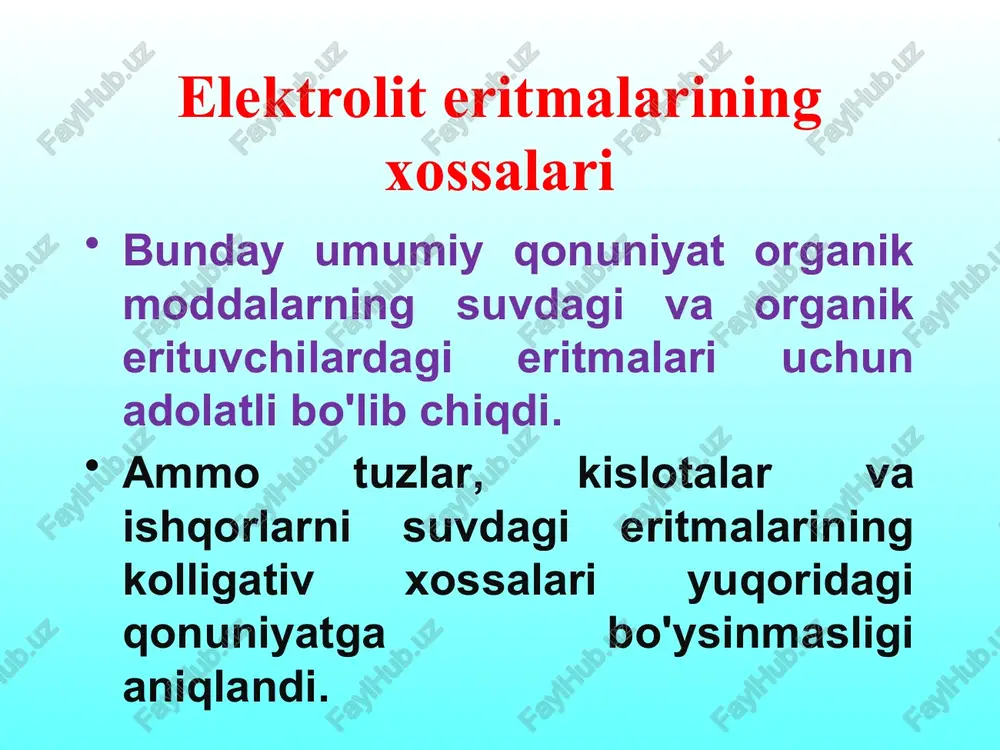 osabat adolatli bo'lsin: (11) (10) (11) tenglamani hisobga olib, qisqartirishlardan so'ng (10) dan: yoki (12) alohida ionlarning aktivliklarini tajribadan topib bo'lmaganligi sababli, elektrolit ionlarining o'rtacha aktivligi tushunchasini kiritamiz (13) kation va anionlarning aktivliklarini quyidagi munosabatlar orqali ifodalasa bo'ladi: bu erda va -kation va anionlarning aktivlik koeffisientlari; m+ va m- -elektrolit eritmasidagi kation va anionlarning molyalligi: va kuchli elektrolit eritmalarining elektrostatik nazariyasi debay va gyukkellar tomonidan rivojlantirilgan (1923 yil) kuchli elektrolitlar suyultirilgan eritmalarining elektrostatik nazariyasi elektrolitning o'rtacha aktivlik koeffisientini, kuchli elektrolitlarning elektr o'tkazuvchanligini nazariy hisoblashga imkon berdi hamda ion kuchi qoidasini nazariy asosladi. bu nazariyada faqat cheksiz suyultirilgan eritmalar uchun adolatli bo'lgan qator tahminlar qilingan: kuchli elektrolit eritmalarining elektrostatik nazariyasi ionlarga matematik nuqtalar kabi qaraladi, bu esa ionning xususiy hajmini hisobga olmagan holda suyultirilgan eritmalar uchun mumkin; ionlar orasida faqat kulon o'zaro ta'sirlar hisobga olinadi va boshqa har qanday ta'sirlar (ion- dipol; assosilangan komplekslarning xosil bo'lishi ) inkor etiladi; eritmaning dielektrik …