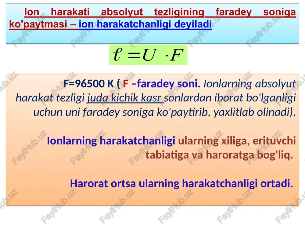 rlash uchun ketgan ishqorning hajmi; v2 – ch3cooh ni titrlash uchun ketgan ishqorning hajmi. 4. kuchsiz kislotani kuchsiz asos bilan titrlash: i – chiziq – sn3soonh4 (yaxshi dissotsiatsiyalanishi hisobiga) elektr o'tkazuvchanlik ortib boradi. ii – chiziq – nh4oh kam dissotsiatsiyalanishi hisobiga ekvivalent nuqtadan so'ng elektr o'tkazuvchanlik qariyib o'zgarmaydi. chunki, hosil bo'lgan tuz – kuchli elektrolit bo'lgani uchun ortiqcha qo'shilgan kuchsiz asos elektr o'tkazuvchanlikka ta'sir ko'rsatmaydi. 5. tuzni tuz bilan titrlash (yoki cho'ktirish reaktsiyasiga asoslangan konduktometrik titrlash): bo'lganligi uchun elektr o'tkazuvchanlik avval kamayadi. ekvivalent nuqtadan so'ng ionlarning soni ko'payishi hisobiga yana ortadi. etiboringiz uchun katta raxmat elektrolit eritmalarining elektr o'tkazuvchanligi fizikaviy kimyo fanining muhim bo'limlaridan biri — elektrokimyodir. elektrokimyo bo'limi quyidagi gismlardan iborat: ¢ elektr o'tkazuvchanlik e elektr yurituvchi kuch ¢ elektroliz moddalarning tashqi tok maydoni ta'sirida o'zidan elektr toki o'tkazish xususiyati - elektr o'tkazuvchanlikdir. moddalar elektr o'tkazish qobiliyatiga qarab eo'tkazgichlar eyarim o'tkazgichlar eizolyatorlarga (dielektrik o'tkazgichlarga) bo'linadi. f u × = …