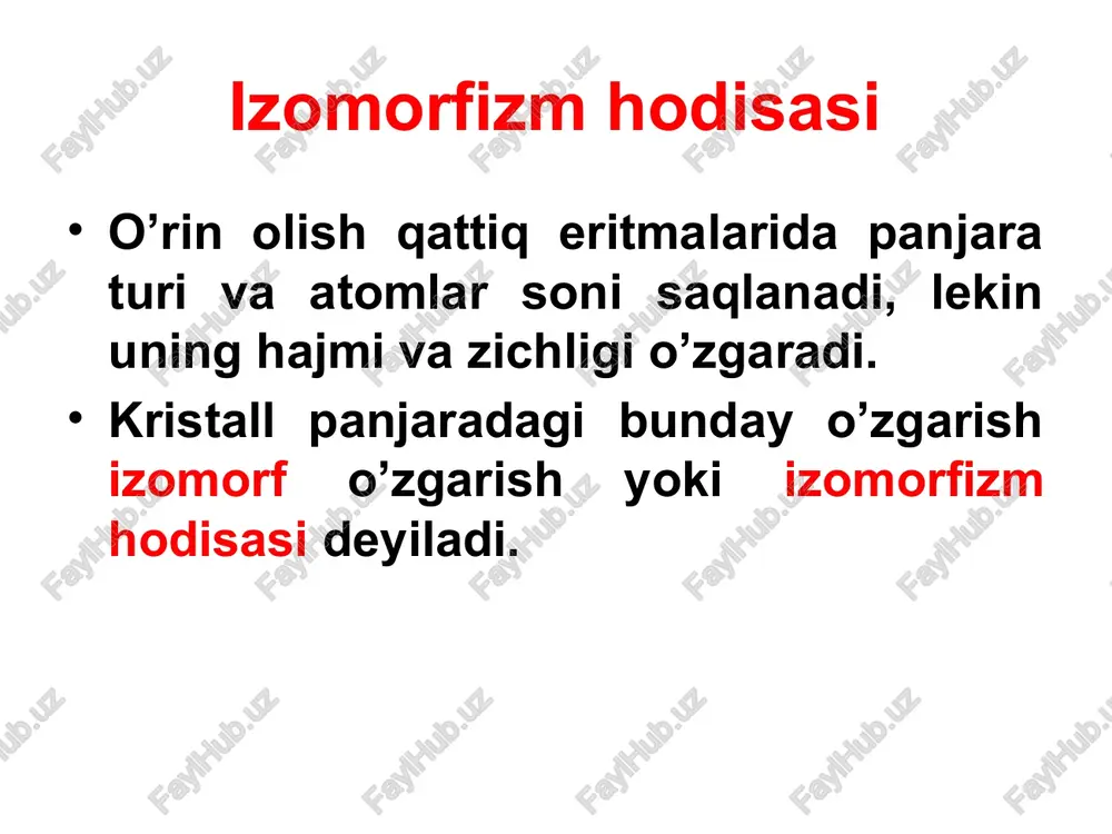 itmalarning aralashmasi (α+β) bo’ladi, oddiy diagrammada esa, komponentlar qattiq holatda bir-birida erimasdan, alohida-alohida kristallanadi. qattiq eritmalar 5-rasm. qattiq holatda chekli suyuqlanuvchi sistemaning holat diagrammasi (2-tur) qattiq eritmalar 2-turga mansub sistemalarda esa, qattiq eritmalardan biri ma’lum bir haroratgacha barqarordir (5-rasm). bu diagrammada sf – peritektik chiziq va ts – peritektik harorat. a0 nuqtada β qattiq eritma ajrala boshlaydi (a2 nuqta). sovitish davom ettirilganda qattiq eritmaning tarkibi a2f bo’yicha, suyuq qotishmaning tarkibi esa, qattiq eritmalar a0s egri bo b’yicha o’zgaradi. tc haroratda va undan quyida α qattiq eritma barqaror bo’ladi (h nuqta). 30 qattiq eritmalar shuning uchun, tc haroratgacha sovitilganda α qattiq eritmaning kristallari ajrala boshlaydi. sistema 3 fazali bo’ladi va f=0: tc harorat va 3 ta fazalarning tarkibi (c, h, f nuqtalar) o’zgarmas bo’lib turishi kerak. qattiq eritmalar c nuqtadagi tarkibni (yc) doimiy qilib ushlab turish uchun, α qattiq eritmaning kristallanishi davomida avval ajralib chiqqan β qattiq eritmaning kristallari suyuqlanib ketishi …