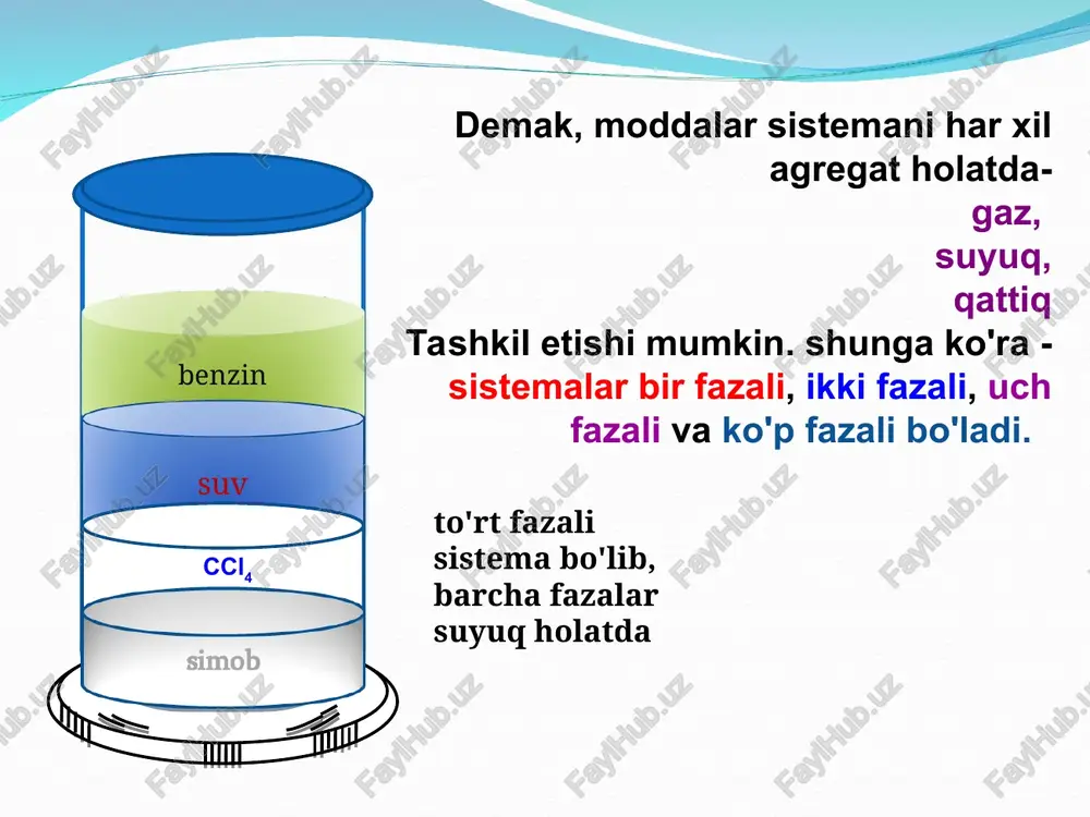 ir xil moddadan iborat bo'lsin. agarda modda bir necha xil kristallik modifikasiya holatlarida mavjud bo'la olsa, ularni har biri alohida faza bo'ladi. masalan, suv 6 modifikasiyali muzni hosil qilishi; oltingugurt monoklinik yoki rombik shakllarda; fosfor - oq, qora va siyox rang ko'rinishlarda bo'lishi ma'lum. yuqoridagi modifikasiyalar (turlar) ma'lum harorat oralig'idagina (intervalda) barqarordir. bunday sistemalarni o'rganishda fazoviy diagrammalardan yoki holat diagrammalaridan keng foydalaniladi. bunday sistemalarda fazalar almashinuvi sistema to'yingan bug' bosimini haroratga qarab o'zgarishi bilan ifodalanadi. holat diagrammalarining analizi, sistemadagi fazalar sonini, ularning mavjud bo'lish chegaralarini, komponentlarni o'zaro ta'sirlashuv xarakterini, yangi hosil bo'lgan birikma va uning tarkibini aniqlash imkonini beradi. bir komponentli sistemalarga barcha toza oddiy va murakkab moddalar (m: s, fe, suv, agn03 va boshqalar) kiradi. . bir komponentli sistemalar uchun fazalar qoidasi f=3-f ko'rinishda yoziladi. misol tariqasida suv, muz, bug'dan iborat muvozanatdagi sistemani ko'rib chiqamiz. komponent – suv (n20) 1ta. bu sistema uch fazali, lekin fazalar soni bosim va …