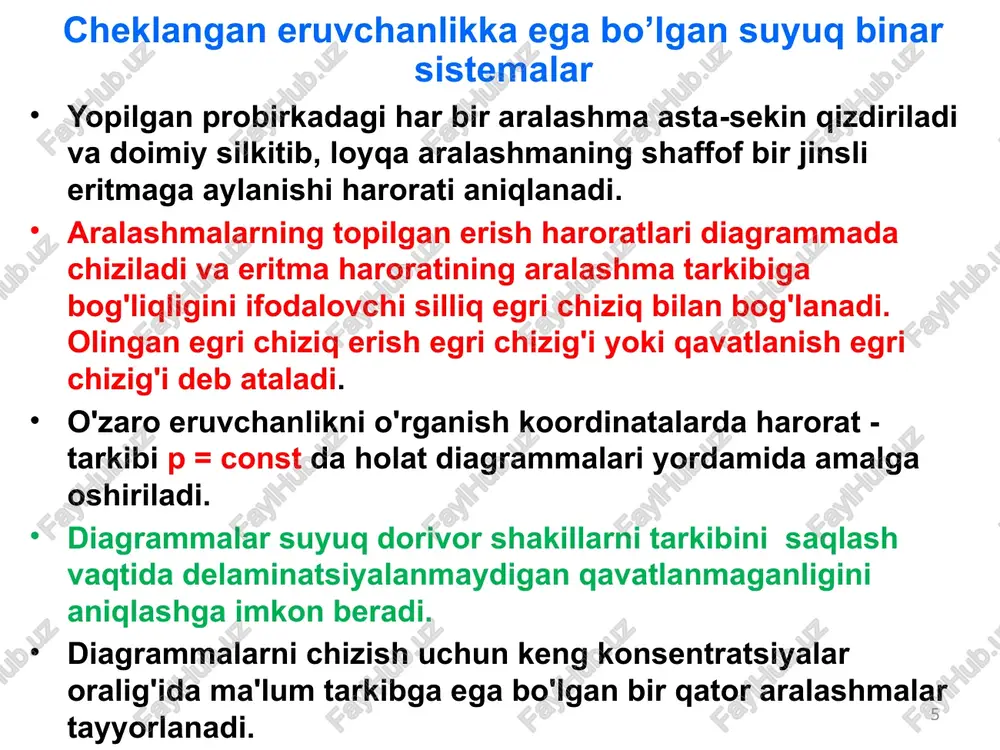 azalar soni f=2, erkinlik darajasi f=k–f+1=2–2+1=1 ga teng bo’ladi. chekli eruvchan sistemalar agar suyuqliklarning o’zaro erishi past haroratlarda ham cheklangan bo’lsa va erishning ushbu harorati minimumdan o’tsa, quyi kritik harorat (eqkh) deyiladi: chekli eruvchan sistemalar suv-nikotin sistemasi (rasm) chekli eruvchanlikka ega bo’lib, haroratlarning 330-450 k oralig’idan tashqaridagina ularning o’zaro erishi kuzatiladi. chekli eruvchan sistemalar erishning yuqori kritik haroratida fazalarning o’zaro erish jarayoni issiqlik yutilishi bilan boradi. erishning quyi kritik haroratida esa, o’zaro erish jarayoni ekzotermik jarayondir. faza tarkibini aniqlash 1 – 20 at.% si; 2000 oc agar qotishma bir fazali bo'lsa, unda fazaning tarkibi qotishma tarkibiga to'g'ri keladi 1 2 – 30 at.% si; 1800 oc agar qotishma ikki fazali bo'lsa, unda fazalarning tarkibi konodaning ikki fazali hududlarni bog'laydigan chiziqlar bilan kesishish nuqtalari bilan belgilanadi. (24 at.% si i 37 at.% si) 2 fazalar sonini (massasini) aniqlash b – 20 mass.% si (30 at.% si); 1800 oc a b c …