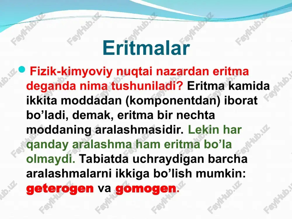 iborat. bu suvning 25kg hujayralar ichida (bog'langan suv), qolgan 15kg hujayradan tashqari suyuqliklarda (qon plazmasi, oshqozon shirasi, so'lak, orqa miya suyuqligi, ter, ko'z yoshi) bo'ladi (erkin suv). o'simlik va hayvon organizmining 50%, ba'zi hollarda esa 90-95% suvdan iborat bo'ladi. yangi tug'ilgan chaqaloqda erkin suv – 80% ga yaqin bo'lar ekan. suv o'zining anomal xossalari,tuzilishi, eritish xususiyati bo'yicha noyob erituvchi hisoblanadi. u ionli va qutbli birikmalarni eritadi. chunki, uning dielektrik doimiyligi yuqori, (ε=78,5). suvda yaxshi eriydigan moddalarga – saxaridlar, aldegidlar, ketonlar, spirtlar kabi polyar organik birikmalar ham kiradi. ularning suvda eruvchanligi suv molekulalarining funktsional gruppalar bilan vodorod bog'lar hosil qilishi (-on, › s=0, -sno) bilan tushuntiriladi. eritmalarning sinflanishi demak, suvdan eritmalar tayyorlashda foydalaniladi. bunda moddalarning suv bilan aralashmalari nazarda tutilsa, xato bo'ladi. suvda eriydigan moddalar “erish” hodisasi sababli suvda erib, eritmalar hosil qiladi. erish – moddaning erituvchi ta'sirida molekulalarga ajralishi. eruvchanligiga qarab moddalarni quyidagicha sinflash mumkin: 100 g suvda – 10 …