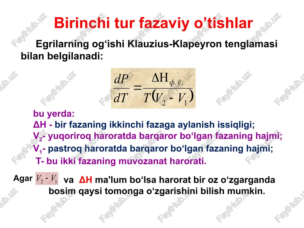 dt)f.'.o o’tishning qiymati belgilanadi: erenfestning ikkinchi tenglamasi shunday qilib, erenfestning tenglamalari ikkinchi tur fazaviy o’tishlar uchun xuddi birinchi tur o’tishlardagi klapeyron-klauzius tenglamalarining vazifasini bajaradi. ikkinchi tur fazaviy o’tishlarning o’ziga xosligi s ning sakrab o’zgarmasligidadir, bu esa dp/dt da ham sakrash bo’lmasligiga olib keladi. erenfestning ikkinchi tenglamasi shuning oqibatida p(t) egrilari har bir faza uchun bitta uzluksiz λ ko’rinishidagi chiziqni hosil qiladi. shuning uchun ikkinchi tur fazaviy o’tishlarda metastabil holatlar bo’lmaydi (birinchi turdagi o’tishlarda esa, suyuqlikni o’ta sovitish natijasida metastabil holat paydo bo’lishini ko’rgan edik). e’tiboringiz uchun raxmat image1.png image2.jpeg image3.jpeg image4.wmf image5.wmf oleobject1.bin oleobject2.bin image6.wmf image7.wmf oleobject3.bin oleobject4.bin image8.jpeg image9.wmf image10.wmf image11.wmf oleobject5.bin oleobject6.bin oleobject7.bin image12.jpeg image13.png image14.png image15.png image16.wmf oleobject8.bin image17.png image18.png image19.png image20.png image21.png image22.png image23.png image24.png image25.png image26.png image27.png image28.png image29.png image30.png image31.png image32.png image33.png image34.png image35.png 0,0076 p,na # py 101,325}. ( ) 1 2 . . v v t dt dp o' f - dh …