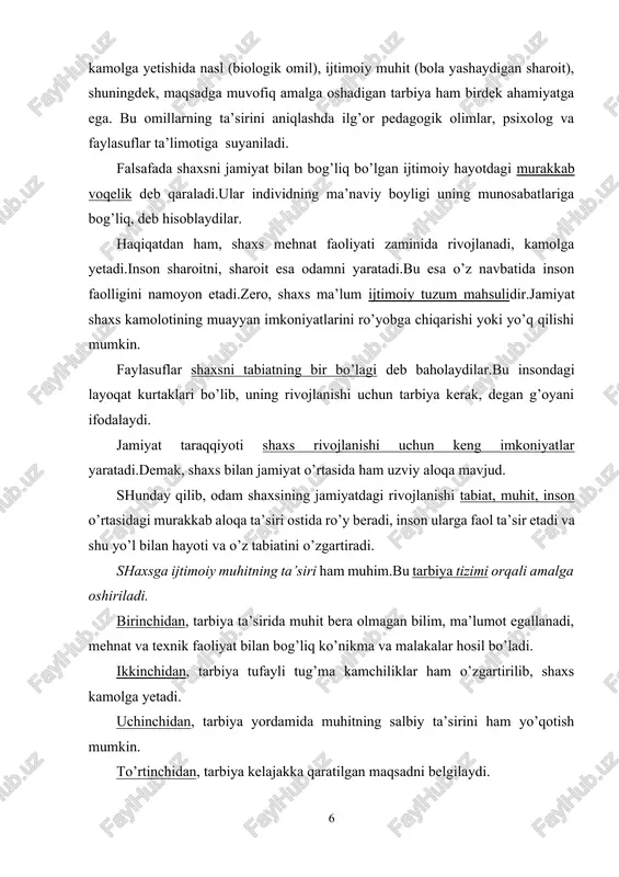 chi o’ringa ega bo’lib, tarbiya tufayli nasl-nasabi, oila muhiti, ijtimoiy muhit ta’sirida har tomonlama rivojlanishga qodir, degan xulosani chiqarish mumkin. shaxs rivojlanishida faoliyatnig o’rni. shaxs rivojlanishida irsiyat, muhit, tarbiya bilan bir qatorda inson faoliyati ham muhim ahamiyat kasb etadi. bu degani inson qanchalik mehnat qilsa, uning rivojlanishi shunchalik yuqori bo’ladi. faoliyat o’zi nima?faoliyatinson tomonidan tabiiy va ijtimoiy hayotni maqsadga muvofiq o’zgartirishga yo’naltirilgan ijtimoiy-tarixiy turmushning o’ziga xos shaklidir. insonning qobiliyati va yoshi u tomonidan tashkil etilayotgan faoliyat mohiyatiga ko’ra belgilanadi. faoliyat jarayonida inson shaxsi, har tomonlama va bir butun, yaxlit holda rivojlanadi. lekin faoliyatni maqsadga muvofiq amalga oshirishi uchun uni to’g’ri tashkil etish lozim. lekin ko’p holatlarda shaxsning rivojlanishi uchun imkoniyatlar yaratilmaydi, tarbiyalanuvchilarning ijtimoiy mehnat, bilish faoliyatlari cheklangan bo’ladi. o’smir va o’spirinlar faoliyatining asosiy turlariga o’yin, o’qish va mehnat kiradi. ular yo’nalishiga ko’ra bilishga doir, ijtimoiy, sport, badiiy, texnik, hunarmandchilik hamda shaxsiy qiziqishga ko’ra tanlangan sohalardan iborat.faoliyatning asosiy turi – muloqotdir. …