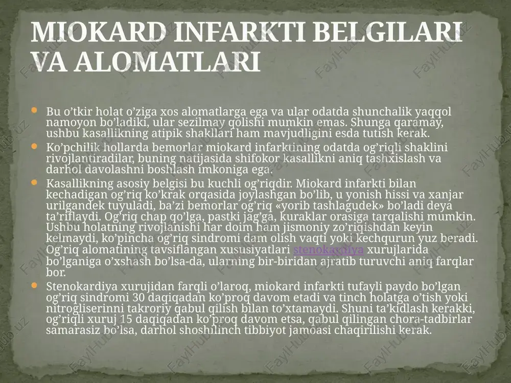 bemor bir tabletka panangin yoki 60 tomchi korvalol ichishi mumkin. agar yurak to’xtashi gumon qilinsa (hushdan ketish, nafas olish to’xtashi, pulsning yo’qligi va tashqi qo’zg’atuvchilarga javob qaytarmaslik) darhol reanimatsiya choralarini (sun’iy nafas berish va yurakni bilvosita massaji) boshlash kerak. agar bemor es-hushiniga kelmasa, muolajalarni shifokorlar kelguniga qadar davom ettirish kerak. miokard infarktini davolash miokard infarkti bilan kasallangan bemorlarni davolashda asosiy maqsad — shikastlangan miokard sohasida iloji boricha tezroq qon aylanishini tiklashga va ta’minlashga qaratilgan. bemorlarning sog’lig’i va hayoti ko’p jihatdan kasalxonaga yotqizilgunga qadar bo’lgan davrda yordam ko’rsatiilshiga bog’liq. tez yordam shifokorlari oldida turgan eng muhim masalalardan biri — og’riq xurujini qoldirishdir. chunki simpatoadrenal tizimining faollashishi natijasida yurak mushagining zo’riqishi oshadi va kislorodga bo’lgan ehtiyoj ortadi, bu shikastlangan soha ishemiyasini yanada oshiradi. ko’pincha shifokorlar og’riqdan xalos qilish uchun narkotik analgetiklarni qo’llashlari mumkin, ko’pincha kasalxonagacha bo’lgan bosqichda morfin ishlatiladi. agar narkotik analgetiklarni qo’llash ta’siri yetarli bo’lmasa, vena ichiga nitropreparatlar yoki beta-blokatorlar yuboriladi. …