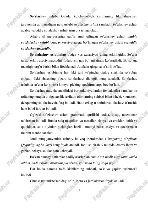 sh munosabatlari doirasida qo'llaniluvchi nutq uslubi rasmiy uslub hisoblanadi. sof qonunchilik uslubi (qonun, farmon, fuqarolik va jinoiy aktlar, nizomlar uslubi). holatlarda ro'y 2. idoraviy — devonxona uslubi (buyruq, ariza, talabnoma, bildirgi, tavsifnoma, tarjimayi hol, ishonchnoma, dalolatnoma); diplomatik uslub (nota, bayonotnoma, bitim, konvensiya va boshqalar). · rasmiy uslub deyarli yozma shaklda ro'yobga chiqadi. u har qanday tasviriy vositalardan, obrazlilikdan holi bo'ladi. bunday uslubda tilning ikki vazifasi — axborot uzatish va da'vat etish, buyurish vazifasi amalga oshadi. masalan, ma'lumotnomada axborot berilsa, buyruqda da'vat etish, axborot o'z aksini topgan bo'ladi. · rasmiy uslubga mansub har qaysi turning o'ziga xos leksik, grammatik xususiyatlari mavjud. masalan, qaror, farmonlarning o'ziga xos tomoni shundaki, bunday matnlardagi gaplarning kesimi iii shaxs majhul nisbatidagi fe'llar orqali ifodalanadi (ogohlantirilsin, topshirilsin kabi). ma'lumotnomada esa birinchi gapning kesimi gap boshida keladi. · rasmiy ish qog'ozlarining sintaktik tuzilishi qat'iy qoliplarga bo'ysunadi. masalan, «ushbu ma'lumotnomani ko'rsatuvchi g'. mo'minov haqiqatan ham o'zbekiston milliy universitetining matematika …
