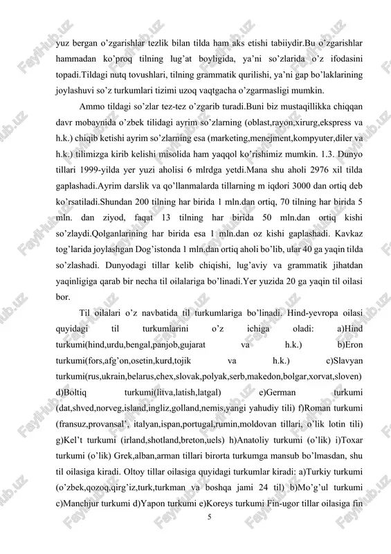 hgan dog’istonda 1 mln.dan ortiq aholi bo’lib, ular 40 ga yaqin tilda so’zlashadi. dunyodagi tillar kelib chiqishi, lug’aviy va grammatik jihatdan yaqinligiga qarab bir necha til oilalariga bo’linadi.yer yuzida 20 ga yaqin til oilasi bor. til oilalari o’z navbatida til turkumlariga bo’linadi. hind-yevropa oilasi quyidagi til turkumlarini o’z ichiga oladi: a)hind turkumi(hind,urdu,bengal,panjob,gujarat va h.k.) b)eron turkumi(fors,afg’on,osetin,kurd,tojik va h.k.) c)slavyan turkumi(rus,ukrain,belarus,chex,slovak,polyak,serb,makedon,bolgar,xorvat,sloven) d)boltiq turkumi(litva,latish,latgal) e)german turkumi (dat,shved,norveg,island,ingliz,golland,nemis,yangi yahudiy tili) f)roman turkumi (fransuz,provansal’, italyan,ispan,portugal,rumin,moldovan tillari, o’lik lotin tili) g)kel’t turkumi (irland,shotland,breton,uels) h)anatoliy turkumi (o’lik) i)toxar turkumi (o’lik) grek,alban,arman tillari birorta turkumga mansub bo’lmasdan, shu til oilasiga kiradi. oltoy tillar oilasiga quyidagi turkumlar kiradi: a)turkiy turkumi (o’zbek,qozoq,qirg’iz,turk,turkman va boshqa jami 24 til) b)mo’g’ul turkumi c)manchjur turkumi d)yapon turkumi e)koreys turkumi fin-ugor tillar oilasiga fin guruhi (fin,eston,karel,komi- ziryan,komi-permyak,udmurd,mari,mordva tillari), ugor guruhi (venger,mansiy, xantiy tillari) mansubdir. som-xom tillar oilasiga semit guruhi (arab,axmar,xarari,oysor,ivrit tillari), kushit guruhi (galla, somali, saxo,beja tillari), berber guruhi (kobil,sholx,rif,tamazis tillari), chatxon guruhi (xuase, …