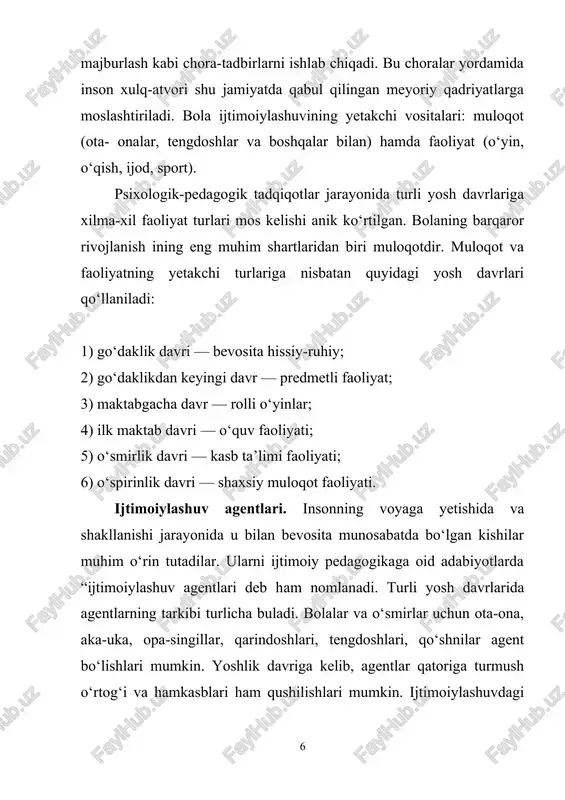 bu esa uning o‘z “men”ini cheklab qo‘yishi va qiyinchiliklar oldida ojiz qolishi, demakdir. ba’zi hollarda o‘z-o‘zini cheklash mexanizmini qo‘llashni oqlasa bo‘ladi. chunki bu holatda moslashuv sodir bo‘lishi mumkin. biroq uzoq muddatli o‘z-o‘zini oqibatda bola o‘z salohiyatini bilmay turib, ilk muvaffaqiyatsizlikdan so‘ng boshlagan ishini tashlab qo‘yib, oqimga qarab suza boshlaydi; loyihalash mexanizmining mohiyatini o‘z kamchiliklarini boshqalarga tegishli, deb hisoblash tashkil qiladi. o‘ziga yoki boshqalarga qarshi krratilgan salbiy hissiyotlar yordamida inson o‘ziga bo‘lgan hurmatni saqlab qoladi. shubhali inson boshqalardan gumonsiraydi, xudbin hammani xudbin deb hisoblaydi. identifikatsiyalash ijtimoiylashuvning yana bir asosiy mexanizmidir. identifikatsiya jarayonida tarbiyalanuvchi xayolan o‘zini o‘rtoqlari bilan qiyoslaydi. identifikatsiya obyekti nafaqat real insonlar, balki tasavvurlardagi insonlar ham bo‘lishi mumkin. identifikatsiyaning to‘liq, qisman, ongli, ongsiz turlari mavjud. identifikatsiya mexanizimi introyeksiya mexanizimi bilan juda bog‘liq. bunda boshqalarning xislatlari, go‘yoki “ketma- ket terilganday” maxsus o‘zgartirilmagan holda bola ongida o‘zlashtirib olinadi. garchi bu mexanizm xayolan amalga oshirilsa- da, uning natijalarini anglab olish unchalik murakkab emas. …
