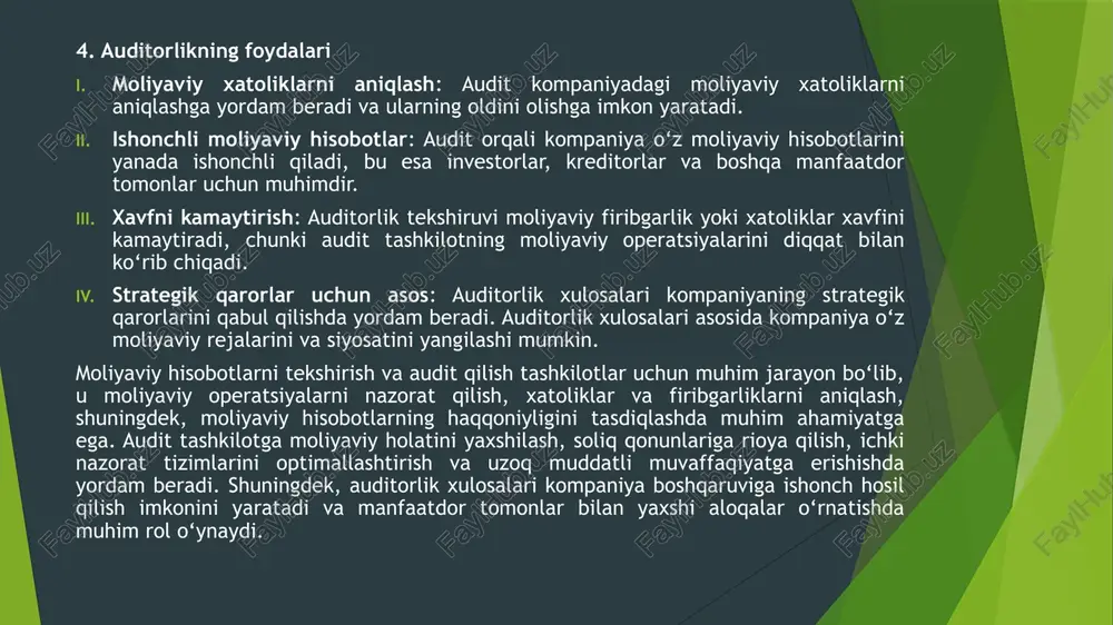 ilinadi. nazoratning mavjud shakllari (yaxshi yoki yomon) aniqlanadi va uning kuchli yoki zaif tomonlari ko‘rsatiladi. o‘zgartirishlar va takliflar kiritish: baholashdan so‘ng ichki nazorat tizimini takomillashtirish uchun zaruriy o‘zgarishlar kiritiladi. bu o‘zgarishlar yangi nazorat mexanizmlarini joriy etish, mavjud protseduralarni yangilash yoki optimallashtirishni o‘z ichiga oladi. 3. ichki nazorat tizimini takomillashtirishning asosiy yo‘nalishlari ichki nazorat tizimini takomillashtirish orqali tashkilotning samaradorligini oshirish mumkin. quyida ichki nazorat tizimini takomillashtirishga oid asosiy yo‘nalishlar keltirilgan: tashkilot tuzilmasini takomillashtirish: tashkilot ichidagi barcha departamentlar va bo‘limlar o‘rtasida aniq va samarali aloqalarni o‘rnatish kerak. bu orqali vazifalar va mas'uliyatlar aniq belgilanadi va har bir bo‘limning o‘z vazifalarini samarali bajarishi ta'minlanadi. nazorat mexanizmlarini kuchaytirish: tashkilotda xavfli hududlarda, masalan, moliyaviy operatsiyalar, aktivlarni boshqarish va soliq masalalarida qo‘shimcha nazorat mexanizmlarini yaratish. har bir jarayonni tahlil qilib, kerakli hollarda yangi nazorat choralari qo‘llanilishi zarur. axborot tizimlarining modernizatsiyasi: zamonaviy axborot texnologiyalaridan foydalangan holda ichki nazorat tizimini takomillashtirish. masalan, avtomatlashtirilgan tizimlar yordamida nazoratning samaradorligini oshirish, …
