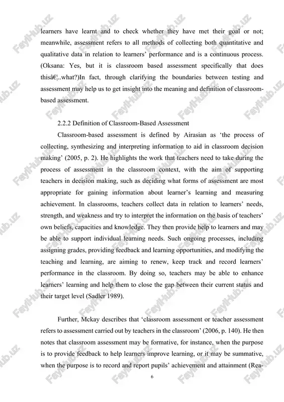 classroom-based assessment is defined by airasian as ‘the process of collecting, synthesizing and interpreting information to aid in classroom decision making’ (2005, p. 2). he highlights the work that teachers need to take during the process of assessment in the classroom context, with the aim of supporting teachers in decision making, such as deciding what forms of assessment are most appropriate for gaining information about learner’s learning and measuring achievement. in classrooms, teachers collect data in relation to learners’ needs, strength, and weakness and try to interpret the information on the basis of teachers’ own beliefs, capacities and knowledge. they then provide help to learners and may be able to support individual learning needs. such ongoing processes, including assigning grades, providing feedback and learning opportunities, and modifying the teaching and learning, are aiming to renew, keep track and record learners’ performance in the classroom. by doing so, teachers may be …
