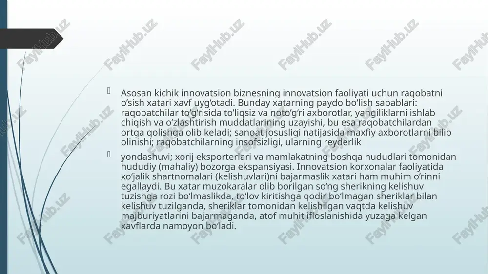 sodiy xatarni kamaytirish zarurligida izlanishni tadqiqotlar va innovatsion ishlanmalarning istiqbolli yo‘nalishlarida jahon darajasiga erishish; innovatsion ishlanmalar natijalari korxona faoliyati strategiyasiga mos kelishi zarurligi bilan. innovatsion ishlanmalarning mavzularini tanlashning muhim vazifalari quyidagilar hisoblanadi: yanayam istiqbolli, dolzarb va samarali mavzularni to’g‘ri tanlash; fantastik va yaqin kelajakda bajarib bo‘lmaydigan mavzularni inkor etish; taklif etilayotgan innovatsiyalarning ilmiy–texnik va iqtisodiy darajasini pasaytiradigan sabablar (omillar)ni aniqlash; innovatsiyalarni moliyalashtirish imkoniyatidan kelib chiqib qaysi mavzular qabul qilinishi va tasdiqlanishini aniqlash; tanlov bo‘yicha uslubiy qo’llanmalarni aniqlash va oxirigacha ishlab chiqish maqsadida mavjud (statistik) ma’lumotlarni yig‘ish. ilmiy –texnik tashkilotlar va uyushmalarning (korxona) istiqbolli va mavzuviy rejalashtirishlar tajribasi har qanday vaziyatda bir xil muvaffaqiyat bilan baholash mumkin bo‘lgan mavzular tanlovining umumiy universal usulini qullash va ishlab chiqish va ko’rsatkichlarning bir xil qilish mumkin emasligini ko’rsatdi. loyihalarning ko’p maqsadli ekanligini, ularni amalga oshirish natijalarining turli xilligi (iqtisodiy, ijtimoiy va b.), birlamchi ma’lumotlar va mavzularni shakllantirish manbalarining to’g‘riligi, hamda tarmoqli va hududiy xususiyatlarini …