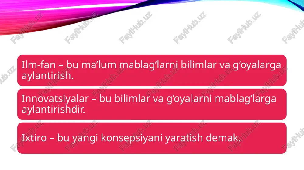 hi mumkin. bu xodimlarning malakasi, tashkiliy jarayonlar va boshqa nomoddiy narsalar yig'indisi bo'lib, kompaniyaning pastki qatoriga yordam beradi. foydalanilgan adabiyotlar https://fayllar.org/innovatsion-faoliyat-va-uning-asosiysi-innovatsiya-turlari-kir.html https://fayllar.org/innovatsion-faoliyat-va-uning-asosiysi-innovatsiya-turlari-kir.html https://uz.wikipedia.org/wiki/innovatsiya https://www.terabayt.uz/uz/post/innovatsiya-tushunchasi-haqida image2.png image1.png /docprops/thumbnail.jpeg — owt “innovatsion tadbirkorlik” fanidan 22-52- gurux talabasi ‘sobirova mo'tabai eo