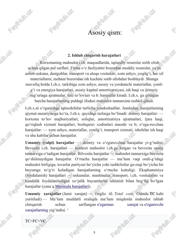 orligi darajasiga bogʻliq. lekin har qanday tovarni ishlab chiqarish va sotish uchun maʼlum sarf xarajatlar talab etiladi. ishlab chiqarish sarf-xarajatlari deganda tovar va xizmatlarni ishlab chiqarish va isteʼmolchilarga yetkazib berishga qilinadigan barcha sarflar tushuniladi. ishlab chiqarish sarf-harajatlari tarkibiga xom ashyo, asosiy va yordamchi materiallar, yonilgʻi va energiya uchun qilingan xarajatlar, asosiy kapital amortizatsiyasi, ish haqi va ijtimoiy sugʻurtaga ajratmalar, foiz toʻlovlari va boshqa xarajatlar kiradi. ishlab chiqarishga qilingan barcha sarf-xarajatlarning puldagi ifodasi mahsulot tannarxini tashkil qiladi. ishlab chiqarish xarajatlarini ikkiga boʻlib oʻrganish mumkin: bevosita ishlab chiqarish xarajatlari va muomala xarajatlari (1-chizma). ishlab chiqarish xarajatlari deganda mahsulotni bevosita ishlab chiqarish uchun qilinadigan barcha sarflar (ish haqi, xom ashyo va mineral sarflari, amortizatsiya va h.k.) tushuniladi. tovar birligining qiymatida chiqarish xarajatlari faqat uning bir qismini tashkil qiladi. ishlab chiqarish xarajatlari tovar qiymatidan foyda miqdoriga kam. muomala xarajatlari tushunchasi tovarlarni sotish jarayoni bilan bogʻliq boʻlib, shu tovarlarni ishlab chiqaruvchidan olib, isteʼmolchiga yetkazilguncha ketadigan …