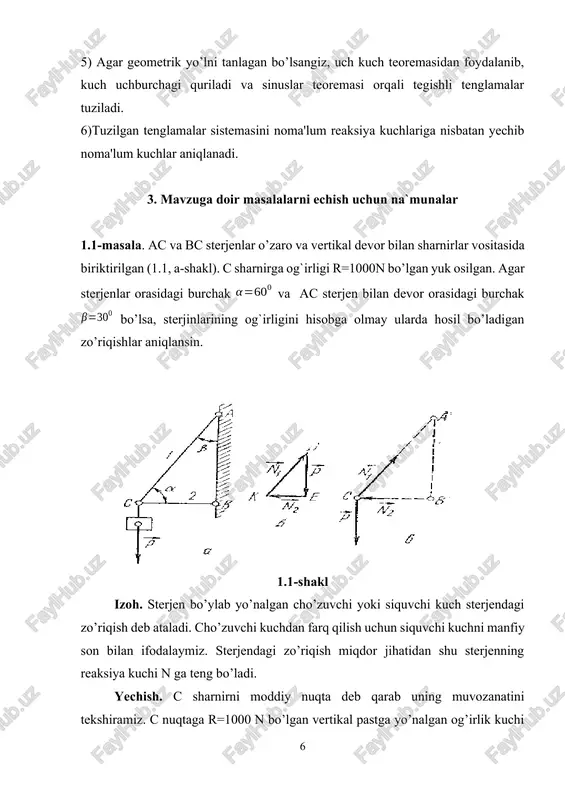 sning uzunligi 1m dan. troslardagi taranglik kuchlari aniqlansin. (1.3-shakl) \ yc α α α x γ α a α α b 1.3(a)-shakl 1.3(b)-shakl berilgan: p=160n, ab=1,2m, ac=bc=1m. topish kerak: s1, s2. echish. koordinatalar sisemasini shaklda ko‘rsatilgan-dek qilib tanlaymiz. tanlagan cxy koordinatalar sistemasiga nisbatan muvozanat tenglamalarini tuzamiz (a) shakldan . (a) tenglamalardan endi masalani kuch uchburchagidan foydalanib yechamiz (21-shakl). , . natijada . 1.4-masala. karer yoritish qurilmasining lampasi (1) ko`chma ustun (2)ga ac gorizontal va bc qiya tirgak yordamida o’rnatilgan (1.4 a-shakl). agar lampaning massasi m=53,7 kg; las=0,85 m, lvs=1,0 m ga teng, hamda a,b va c tugunlar sharnirli bog’langan bo’lsa, ac va bc sterjenlardagi zo’riqishlar aniqlansin. 1.4-shakl yechish. c tugunni ushlab turuvchi sterjenlarni mos ravishda zo’riqish va lampa massasini uning og’irlik kuchi bilan almashtiramiz. (1.4 b-shakl.). shu holatda c tugunni muvozanatini qarasak, tugunga ta'sir qiluvchi hamma kuchlar bir tekislikda joylashadi va bitta c nuqtada kesishadi. koordinat boshini a nuqtaga joylashtirsak …