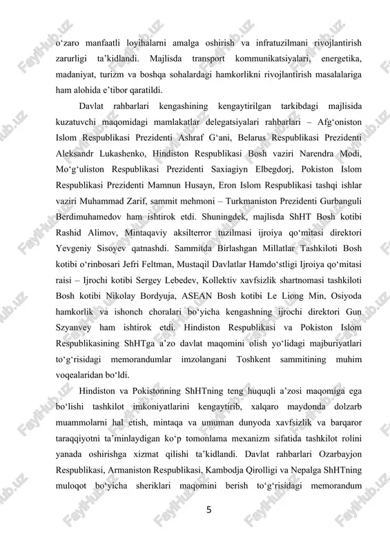 rochi kotibi sergey lebedev, kollektiv xavfsizlik shartnomasi tashkiloti bosh kotibi nikolay bordyuja, asean bosh kotibi le liong min, osiyoda hamkorlik va ishonch choralari bo‘yicha kengashning ijrochi direktori gun szyanvey ham ishtirok etdi. hindiston respublikasi va pokiston islom respublikasining shhtga a’zo davlat maqomini olish yo‘lidagi majburiyatlari to‘g‘risidagi memorandumlar imzolangani toshkent sammitining muhim voqealaridan bo‘ldi. hindiston va pokistonning shhtning teng huquqli a’zosi maqomiga ega bo‘lishi tashkilot imkoniyatlarini kengaytirib, xalqaro maydonda dolzarb muammolarni hal etish, mintaqa va umuman dunyoda xavfsizlik va barqaror taraqqiyotni ta’minlaydigan ko‘p tomonlama mexanizm sifatida tashkilot rolini yanada oshirishga xizmat qilishi ta’kidlandi. davlat rahbarlari ozarbayjon respublikasi, armaniston respublikasi, kambodja qirolligi va nepalga shhtning muloqot bo‘yicha sheriklari maqomini berish to‘g‘risidagi memorandum imzolanishini ma’qulladilar. muzokaralar yakunida shht o‘n besh yilligining toshkent deklaratsiyasi, shhtning 2025-yilgacha rivojlanish strategiyasini amalga oshirish bo‘yicha 2016-2020-yillarga mo‘ljallangan harakatlar rejasini tasdiqlash to‘g‘risidagi qaror, shhtga a’zo davlatlarning turizm sohasidagi hamkorligini rivojlantirish dasturi va boshqa hujjatlar imzolandi. majlisda o‘zbekiston respublikasining shhtga …
