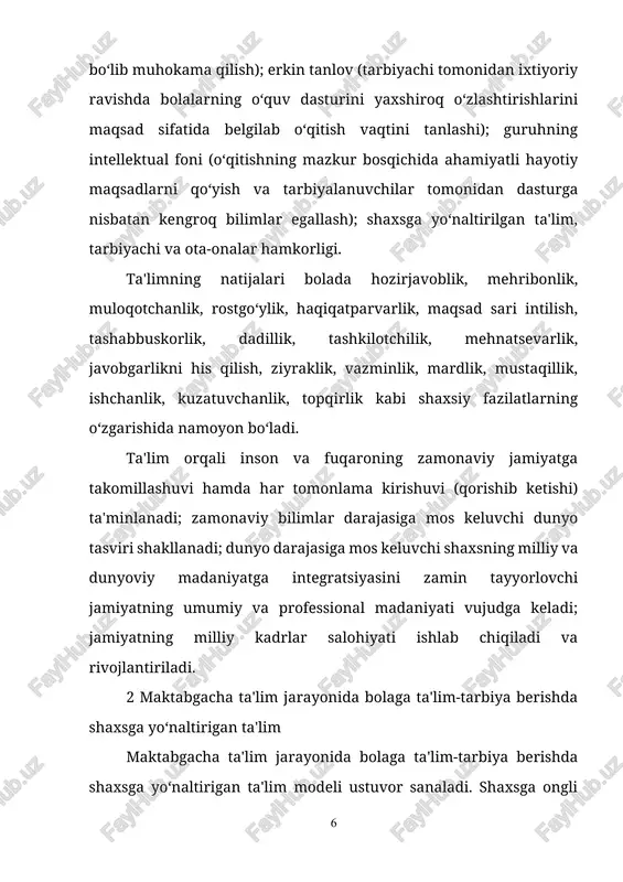 og va bolaning universallashtirilgan tizimi. tubdan o‘qitish quyidagi yondashuvlarni nazarda tutadi: ijtimoiy pedagogik yondashuv. uning mazmuni shundan iboratki, bola tomonidan insoniyat tajribasining o‘zlashtirilishini ta'minlovchi rivojlanishni amalga oshirish. bunday yondashuv ta'lim berish jarayonini yakuniy natijaga-bola shaxsining ijtimoiylashuviga erishishga yo‘naltirilgan. uning mohiyati bola tomonidan jamiyatning ahloqiy, ma'naviy o‘zgarishlarni tubdan isloh qilishdir. bunday yondashuvda ta'lim tarbiya beruvchi vazifani bajaradi. gnoseologik (bilish faoliyati) yondashuv o‘qitish jarayoni mohiyatini anglash jarayonidan olib chiqadi va yuzaga kelgan anglash faoliyatini modifikatsiyalaydi (variatsiyalaydi). o‘qitish insonning individual rivojlanishini tezlashtiradi, qaysiki ijtimoiy qonunchilikka bo‘ysunadi. shu bilan birga u insonning o‘rnatilgan tartibda individual rivojlanishi bilan birga, inson ongining umumiy tarixiy rivojlanishiga ham bog‘liqdir. o‘qish umumiy va individual anglash shakllarini yaqinlashtiradi, individual faoliyatni umumiy anglash tizimiga yaqinlashtiradi, bolaning shaxsiy tajribalari va o‘qish va o‘qitish davrida yuzaga kelgan tushunchalar orasidagi tafovutlarni chaqiradi. gnoseologik o‘qitishning mohiyati ta'lim vazifalarini tabiq etishda o‘qitilayotgan ob'ektning individuallashtirish jarayonini amalga oshirishdan iborat. psixologik yondashuv. bu yondashuv uchun insonning rivojlanishi va …