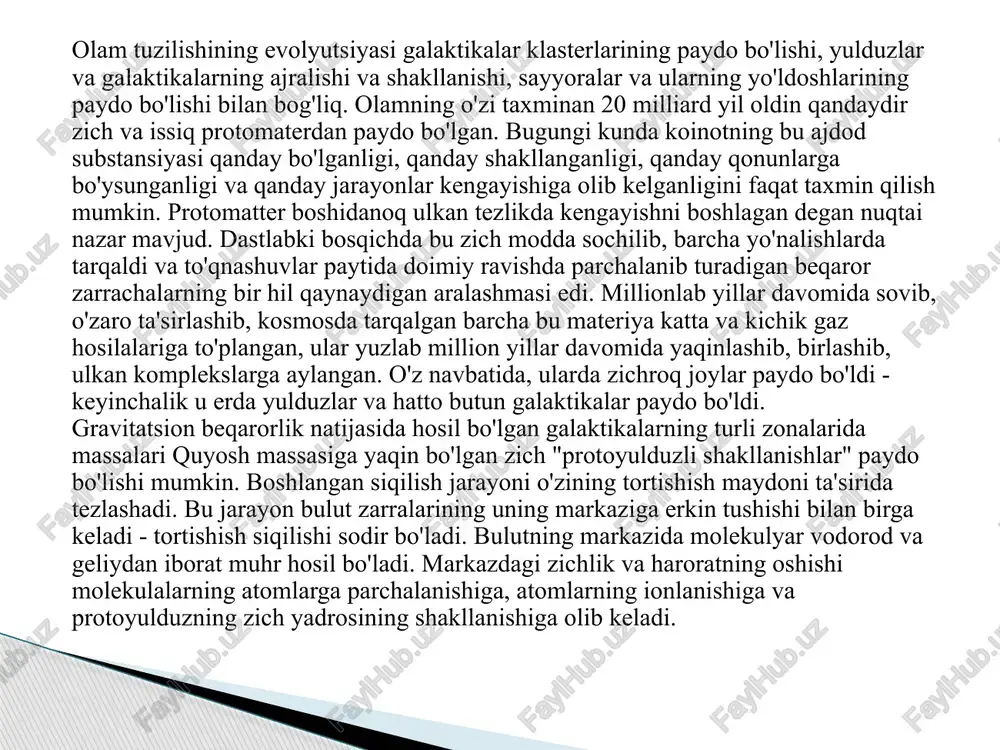 ini hal qilish uchun ko'proq ish talab etiladi. koinotning evolyutsiyasi g'oyasi bugungi kunda juda tabiiy ko'rinadi. har doim ham shunday emas edi. har qanday buyuk ilmiy g‘oya kabi o‘zining rivojlanishi, kurashi va shakllanishida uzoq yo‘lni bosib o‘tdi. keling, asrimizda koinot fanining rivojlanishi qanday bosqichlarni o'tganligini ko'rib chiqaylik. zamonaviy kosmologiya 20-asrning boshlarida paydo bo'lgan. tortishishning relativistik nazariyasi yaratilgandan keyin. yangi tortishish nazariyasiga asoslangan va butun koinotni tasvirlashga da’vo qiladigan birinchi relyativistik model 1917-yilda a. eynshteyn tomonidan qurilgan. biroq u statik olamni tasvirlagan va astrofizik kuzatishlar ko‘rsatganidek, noto‘g‘ri bo‘lib chiqdi. 1922-1924 yillarda. sovet matematigi a.a. fridman vaqt o'tishi bilan o'zgarib turadigan butun olamni tasvirlash uchun umumiy tenglamalarni taklif qildi. yulduzli tizimlar o'rtacha bir-biridan doimiy masofada bo'lolmaydi. ular uzoqlashishi yoki yaqinlashishi kerak. bunday natija kosmik miqyosda hukmronlik qiluvchi tortishish kuchlari mavjudligining muqarrar natijasidir. fridmanning xulosasi koinotning kengayishi yoki qisqarishi kerakligini anglatardi. bu koinot haqidagi umumiy g'oyalarni qayta ko'rib chiqishga olib keldi. 1929 yilda …