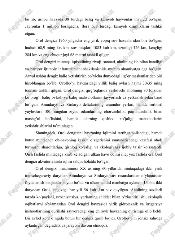 qin holatda bo’lgan. orol dengizi muammosi xx asrning 60-yillarida mintaqadagi ikki yirik transchegaraviy daryolar amudaryo va sirdaryo suv resurslaridan o’ylamasdan foydalanish natijasida paydo bo’ldi va ulkan tahdid manbaiga aylandi. ushbu ikki daryodan orol dengiziga har yili 56 kub. km suv quyilgan. aholining sezilarli tarzda ko’payishi, urbanizatsiya, yerlarning shiddat bilan o’zlashtirilishi, ekologik oqibatlarni o’ylamasdan orol dengizi havzasida yirik gidrotexnik va irrigatsiya inshootlarining qurilishi sayyoradagi eng chiroyli havzaning qurishiga olib keldi. bir avlod ko’z o’ngida butun bir dengiz qurib bo’ldi. orolbo’yini jonsiz sahroga aylantirgan degradatsiya jarayoni davom etmoqda. 1990 yillardan boshlab orol fojeasining halokatini boshidan kechirayotgan barcha mamlakatlar birlashgan millatlar tashkiloti, shuningdek boshqa xalqaro va mintaqaviy tashkilot minbarlaridan jahon hamjamiyatining diqqat e’tiborini ushbu muammoga, uni mintaqaviy va global xavfsizlik bilan chambarchas bog’liq ekanligiga jalb etib kelishmoqda. 1993 yil 28 sentyabrda bmt bosh assambleyasining 48 sessiyasida va 1995 yil 24 oktyabrdagi 50-sessiyasida markaziy osiyo mintaqasi mamlakatlari vakillari jahon hamjamiyatini orol va orolbo’yini qutqarishda …