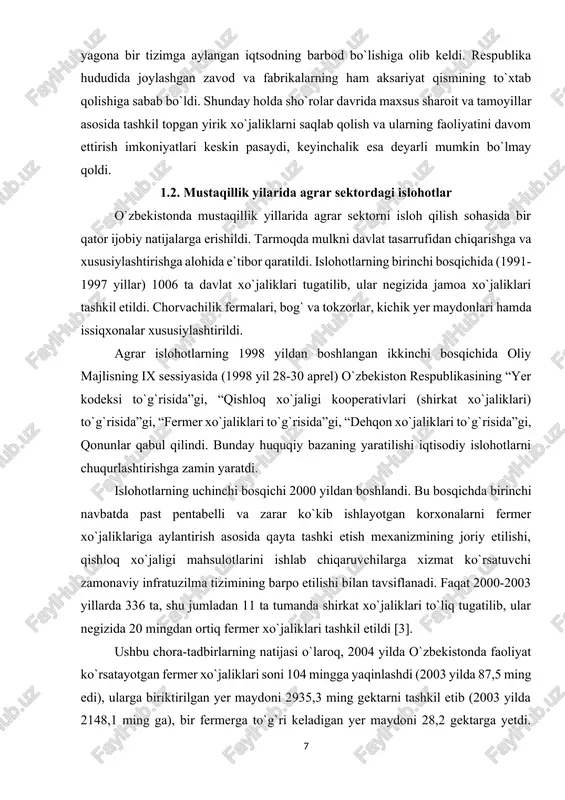 ar islohotlarning 1998 yildan boshlangan ikkinchi bosqichida oliy majlisning ix sessiyasida (1998 yil 28-30 aprel) o`zbekiston respublikasining “yer kodeksi to`g`risida”gi, “qishloq xo`jaligi kooperativlari (shirkat xo`jaliklari) to`g`risida”gi, “fermer xo`jaliklari to`g`risida”gi, “dehqon xo`jaliklari to`g`risida”gi, qonunlar qabul qilindi. bunday huquqiy bazaning yaratilishi iqtisodiy islohotlarni chuqurlashtirishga zamin yaratdi. islohotlarning uchinchi bosqichi 2000 yildan boshlandi. bu bosqichda birinchi navbatda past pentabelli va zarar ko`kib ishlayotgan korxonalarni fermer xo`jaliklariga aylantirish asosida qayta tashki etish mexanizmining joriy etilishi, qishloq xo`jaligi mahsulotlarini ishlab chiqaruvchilarga xizmat ko`rsatuvchi zamonaviy infratuzilma tizimining barpo etilishi bilan tavsiflanadi. faqat 2000-2003 yillarda 336 ta, shu jumladan 11 ta tumanda shirkat xo`jaliklari to`liq tugatilib, ular negizida 20 mingdan ortiq fermer xo`jaliklari tashkil etildi [3]. ushbu chora-tadbirlarning natijasi o`laroq, 2004 yilda o`zbekistonda faoliyat ko`rsatayotgan fermer xo`jaliklari soni 104 mingga yaqinlashdi (2003 yilda 87,5 ming edi), ularga biriktirilgan yer maydoni 2935,3 ming gektarni tashkil etib (2003 yilda 2148,1 ming ga), bir fermerga to`g`ri keladigan yer maydoni 28,2 …