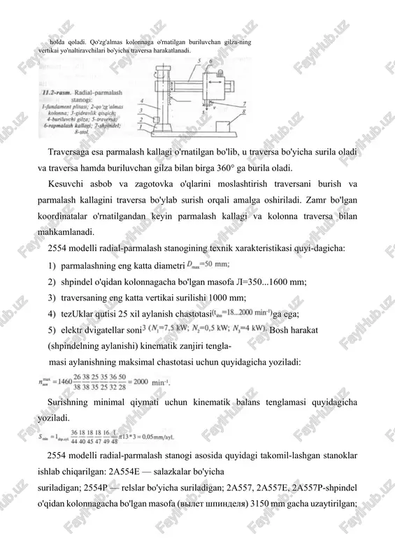 onasimon surish usuli bo'yicha ishlov beradi. asbob aylanma harakat (400-2100 min1) va sakkiz pog'onali surish harakati (40-780 mm/ayl) ga ega bo'ladi. stanok avtomatik ish siklida ishlaydi. 3) oc-401a modelli bir shpindelli vertikal-parmalash stanogi mm ii uzunligi 300 mm gacha bo'lgan teshiklarga ishlov beradi. 4) oc-402a modelli ikki shpindelli vertikal-parmalash stanogi hamli, uzunligi 300 mm gacha bo'lgan teshiklarga ishlov beradi. har bir shpindel mustaqil boshqariladi. stanok avtomatik ish siklida ishlaydi. stanok yirik seriyali va keng ko'lamli ishlab chiqarishda foydalaniladi. yuqorida keltirilgan stanoklar ixtisoslashgan parmalash stanoklariga mansubdir. parmalash uchun agregat stanoklari. agregat stanoklari normal-lashgan detallar va uzellardan yig'iladigan stanoklar bo'lib, ular yirik seriyali va keng ko'lamli ishlab chiqarishda parmalash, zenkerlash, razvyortkalash, ichki va tashqi yuzalarni yo'nish, rezba ochish kabi ope-ratsiyalarni bajarish uchun mo'ljallangan. ko'pincha ularda korpus tipi-dagi detallarga ishlov berilib, kesib ishlash jarayonida zagotovkalar qo'zg'almas bo'ladi. agregat stanoklarida kallaklar gorizontal, vertikal, qiya yoki kombinatsiyalashgan holda joylashishlari mumkin. harakat elektr dvigateldan (11.4-rasm) kuch …