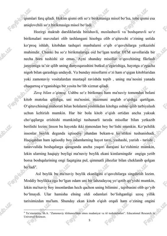 misol bo‘lsa, tobe qismi esa aniqlovshili so‘z birikmasiga misol bo‘ladi. [3: “oʻzbek lugʻati va idiomatik iboralarini tarjima qilishda qiyinshiliklar: lingvistik va madaniy muammolar”. tamaddun nuri jurnali. ] hozirgi maktab darsliklarida bitishuvli, moslashuvli va boshqaruvli so‘z birikmalari mavzulari olib tashlangani hisobga olib o‘qituvshi o‘zining ustida ko‘proq ishlab, kitobdan tashqari manbalarni o‘qib o‘quvshilarga yetkazishi muhimdir. shunki bu so‘z birikmalariga oid bo‘lgan testlar dtm savollarida bir nesha bora tushishi sir emas. ayni shunday misollar o‘quvshining fikrlash jarayoniga ta’sir qilib uning dunyoqarashini butkul o‘zgarishiga, hayotga o‘zgasha nigoh bilan qarashiga undaydi. va bunday misollarni o‘zi ham o‘qigan kitoblaridan yoki zamonaviy vositalardan mustaqil ravishda topib , uning ma’nosini yanada shuqurroq o‘rganishiga bir vosita bo‘lib xizmat qiladi. zavq bilan o‘qimoq. ushbu so‘z birikmasi ham ma'naviy tomondan bolani kitob mutolaa qilishga, uni ma'nosini, mazmuni anglab o‘qishga qartilgan. o‘qituvshining mahorati bilan bolalarni yoshlikdan kitobga oshno qilib tarbiyalash ushun keltirish mumkin. har bir bola kitob o‘qish ortidan ansha yuksak sho‘qqilarga …